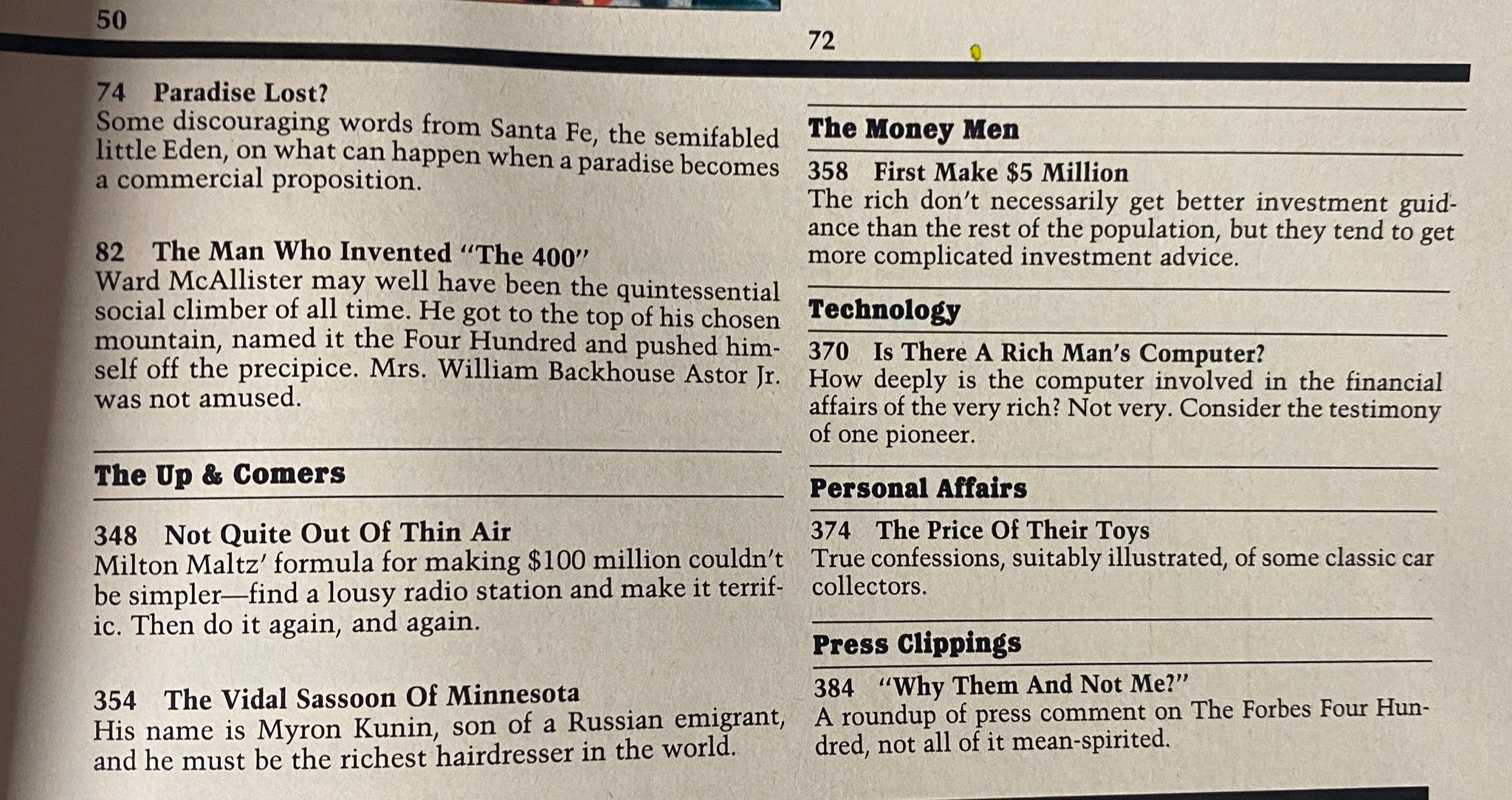 Another table of contents page from Forbes Magazine 1985: The Richest People in America Special Edition, showcasing featured articles and topics.