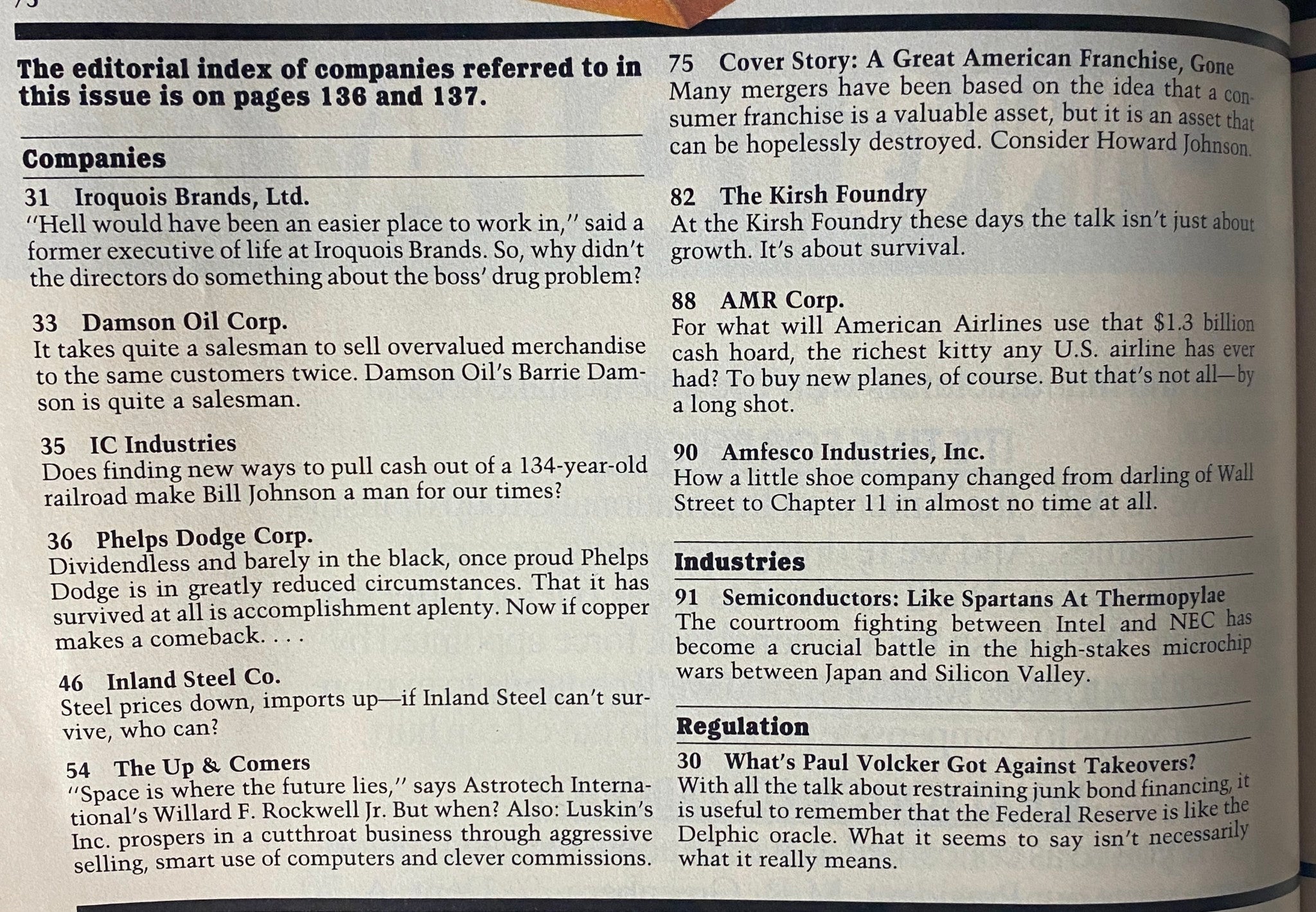 Editorial index page from Forbes Magazine December 30, 1985, listing companies and articles referred to in the issue, highlighting corporate challenges and notable brands.