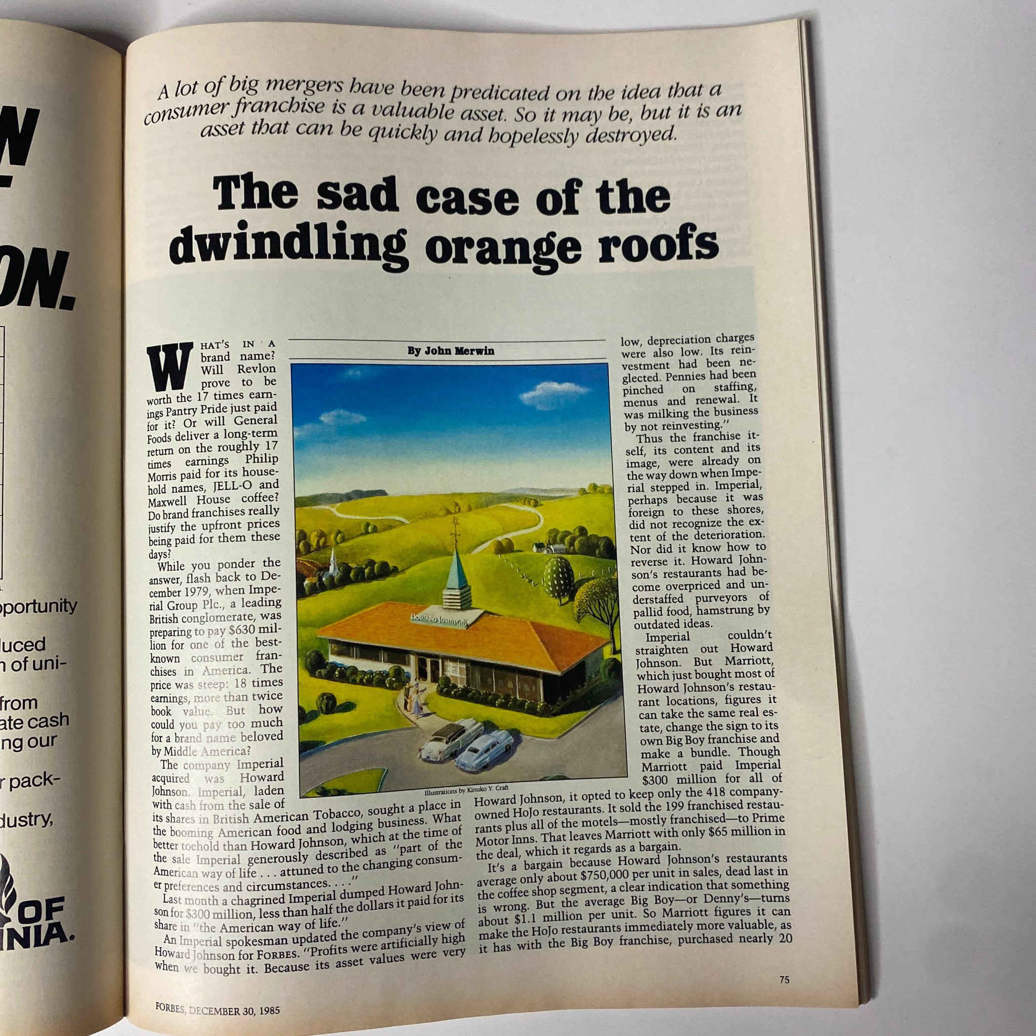 Inside page of Forbes Magazine December 30, 1985 featuring the article titled 'The sad case of the dwindling orange roofs' discussing issues faced by Howard Johnson franchise.