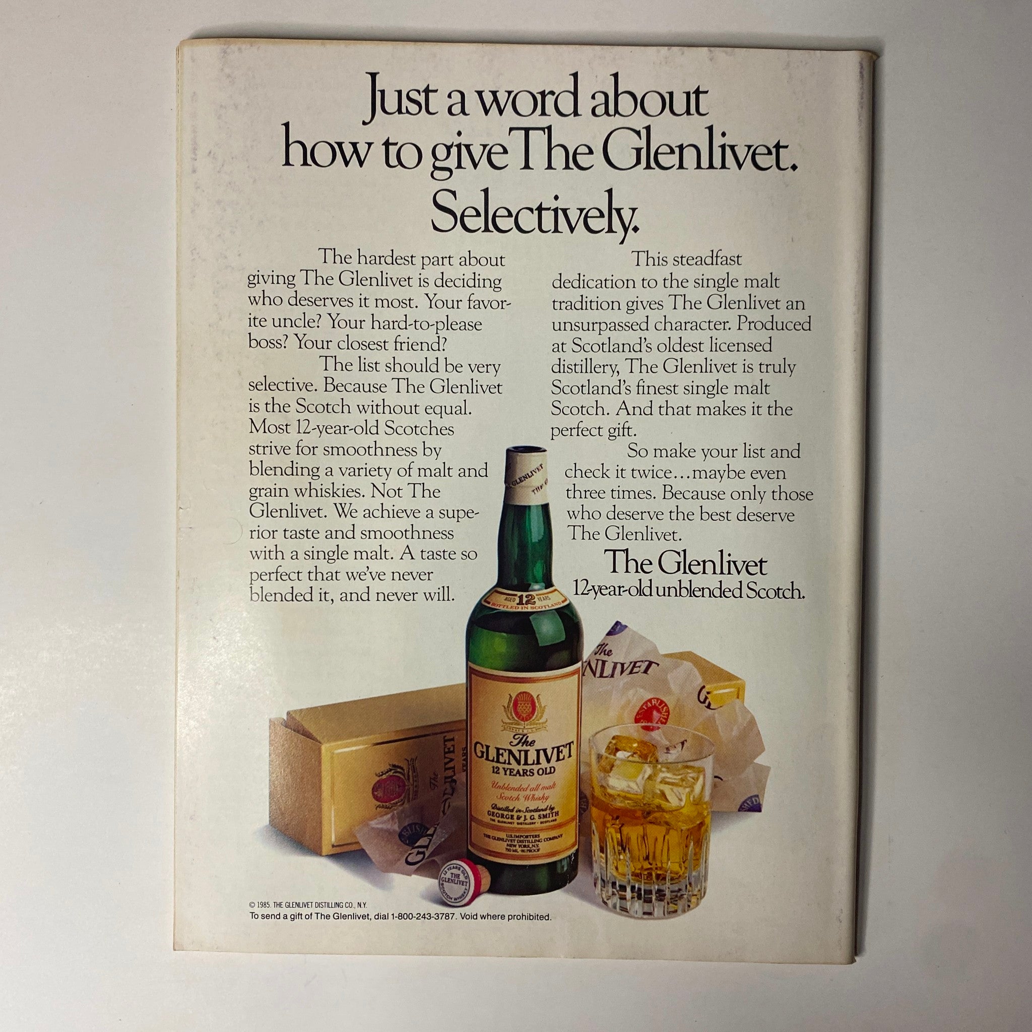 Back cover of Forbes Magazine December 30, 1985 featuring an advertisement for The Glenlivet Scotch with product details and promotional text.