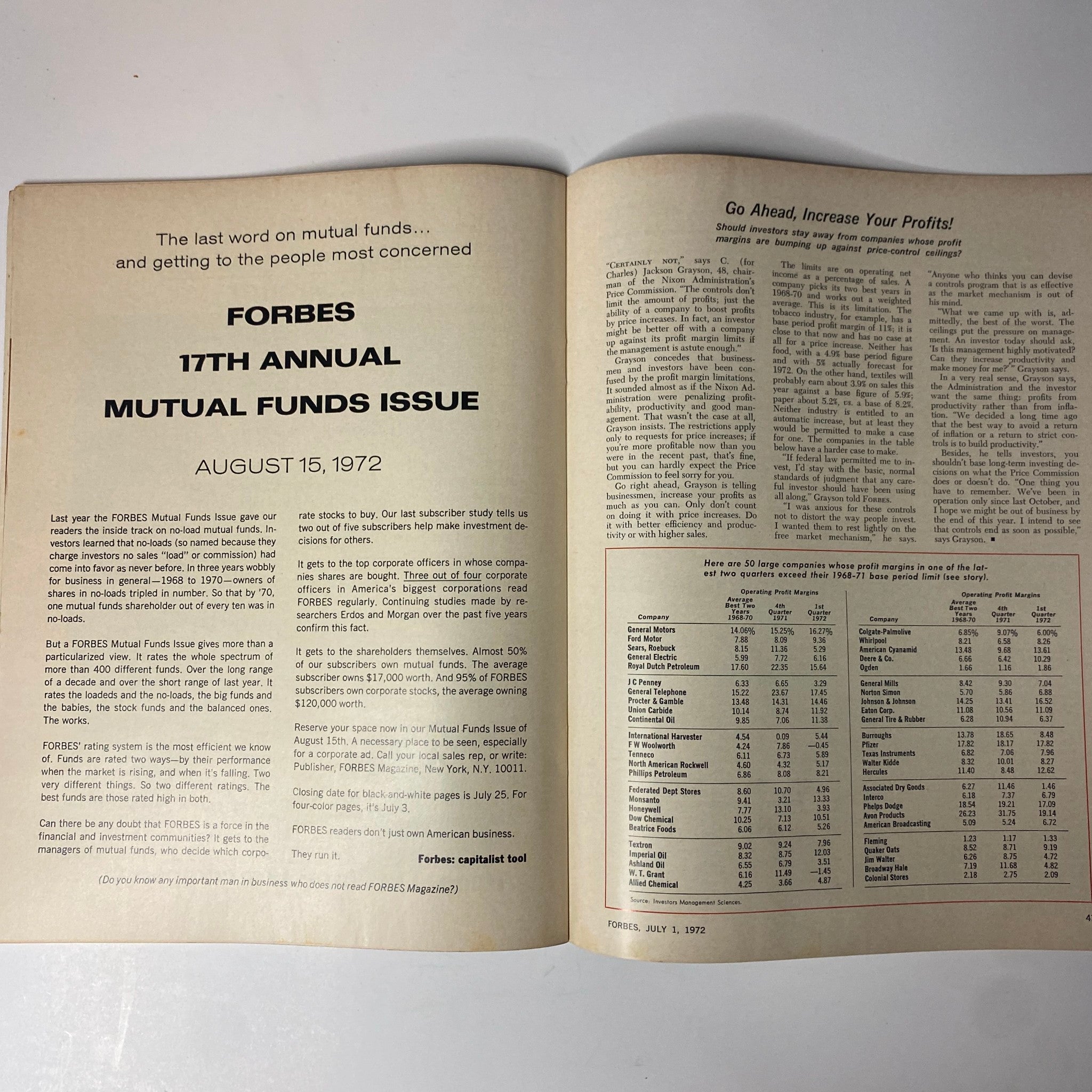 Inside page of Forbes Magazine, July 1, 1972, displaying information about the mutual funds issue and financial statistics relevant to investors.