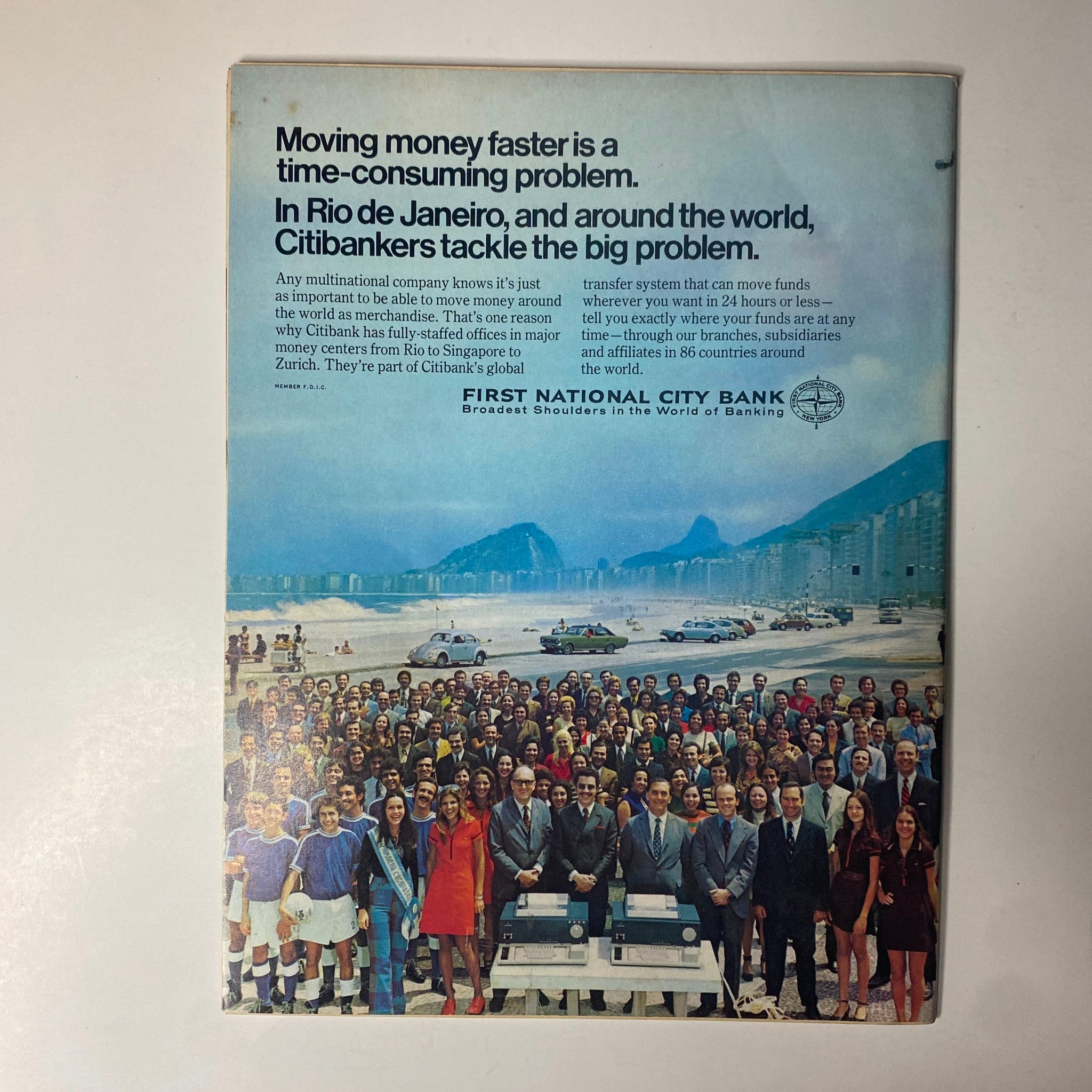 Back cover of Forbes Magazine, July 1, 1972, featuring an advertisement for Citibank emphasizing their global money transfer services and broad banking capabilities.