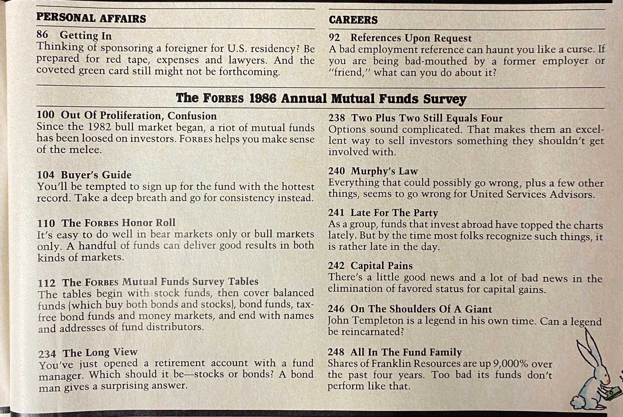 Another interior page from Forbes Magazine September 8, 1986, presenting sections on personal affairs, careers, and the Annual Mutual Funds Survey topics.