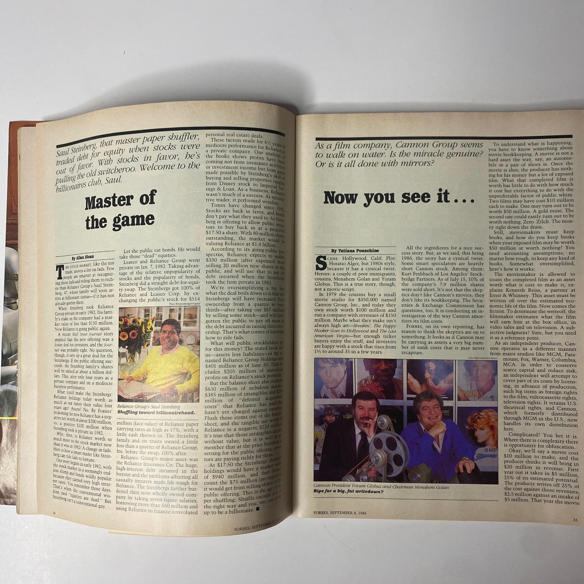 Page showcasing articles titled 'Master of the Game' and 'Now you see it...' from Forbes Magazine September 8, 1986. Highlights discussions on financial strategies and film industry success. Perfect for collectors of vintage financial literature.