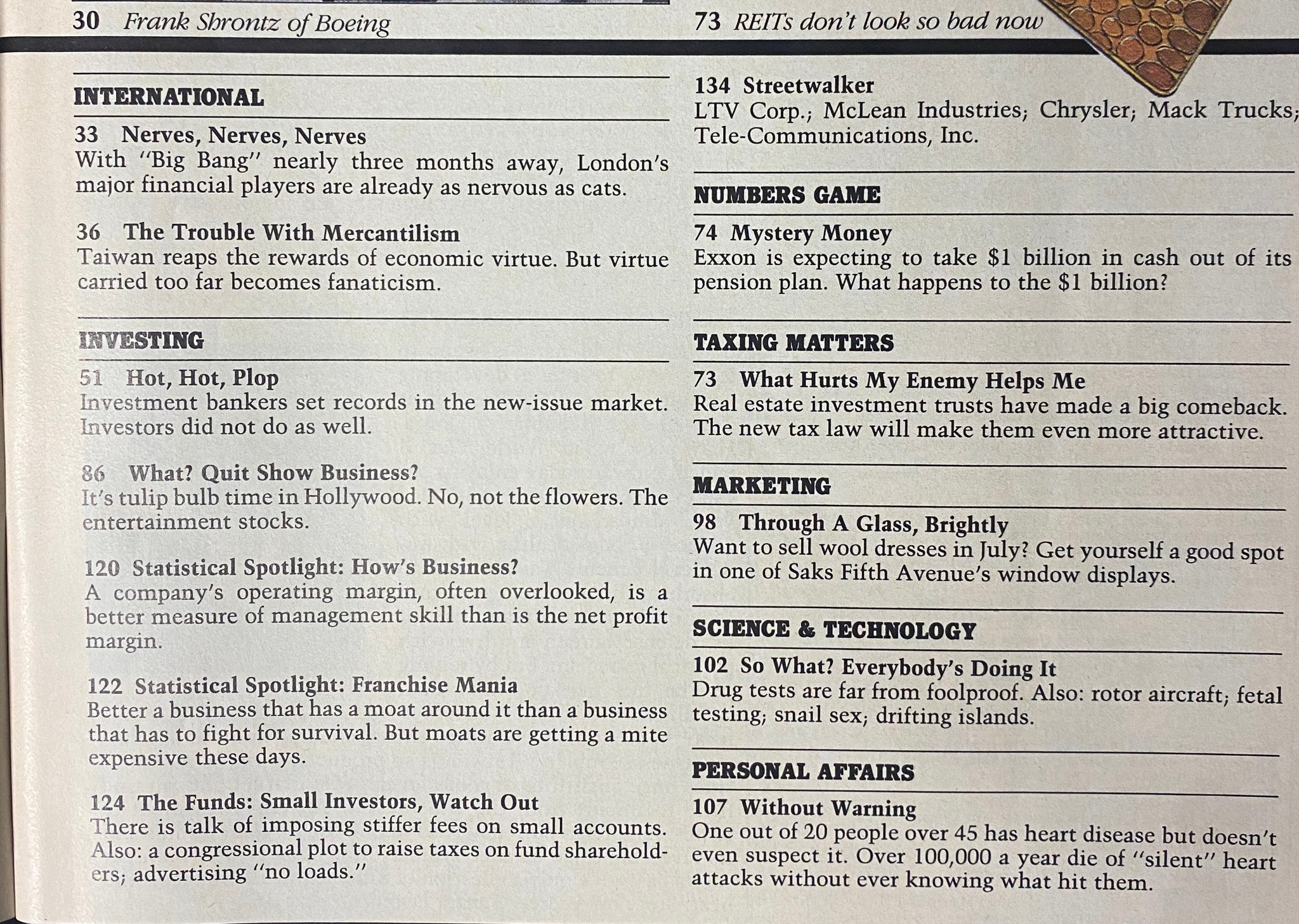 Article index page from Forbes Magazine August 11, 1986, detailing content relating to corporate and investment topics including the challenges faced by Boeing and Motorola.