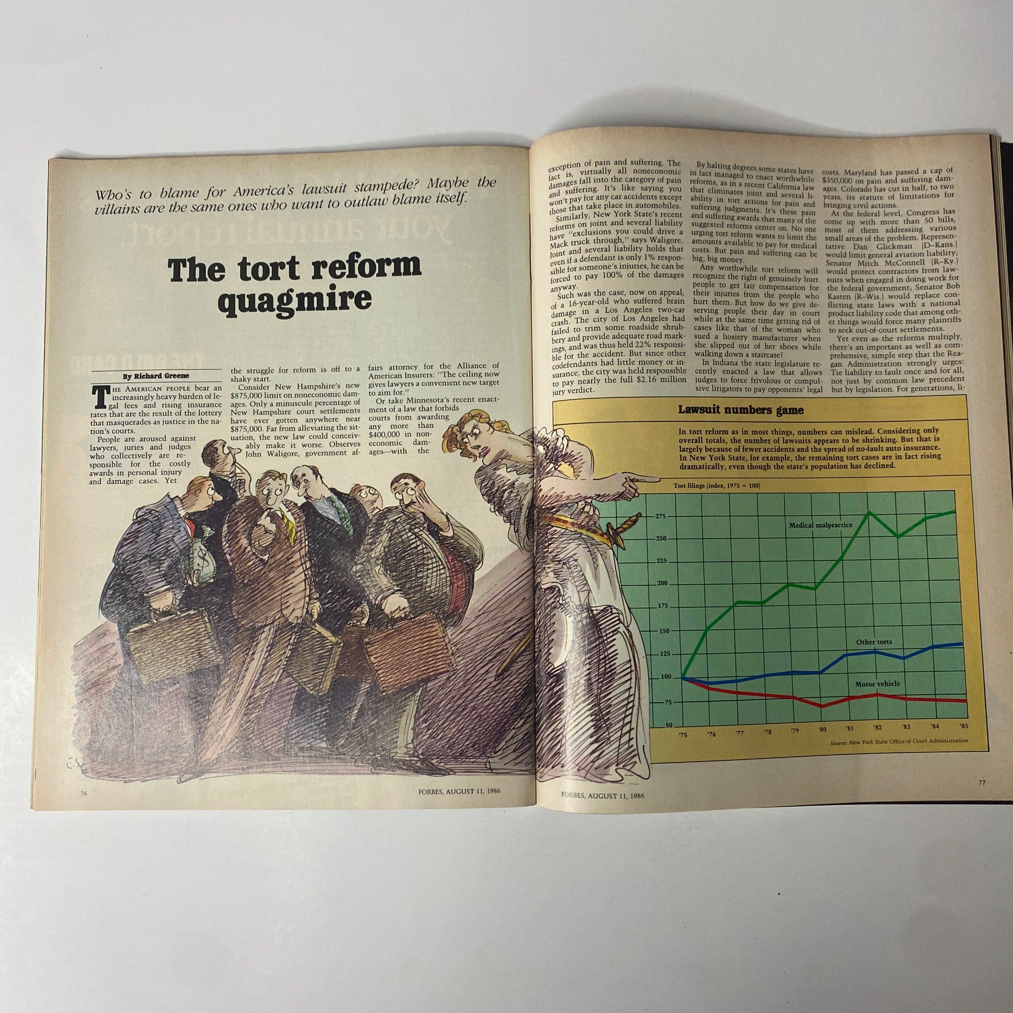 Forbes Magazine August 11, 1986, featuring 'The Tort Reform Quagmire' cover story, highlighting legal reforms with illustrations of lawyers and a graph depicting lawsuit statistics.