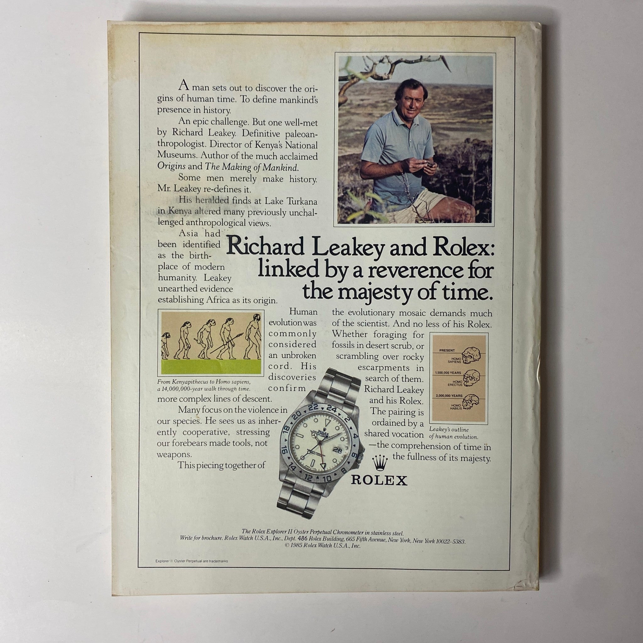 Back page advertisement from Forbes Magazine, November 14, 1988, featuring Richard Leakey and Rolex linking their reverence for the majesty of time.