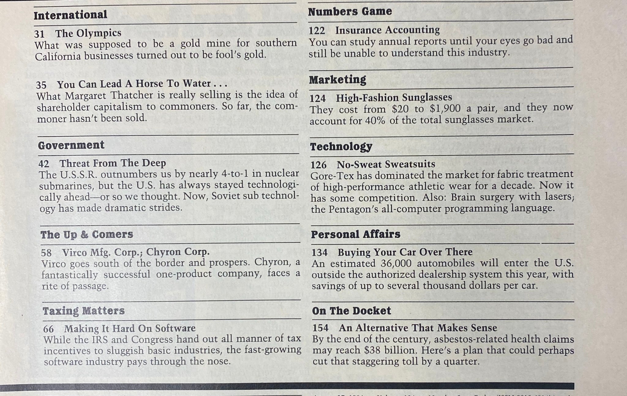 Page from Forbes Magazine, August 27, 1984, listing companies discussed in the issue like Warner Communications Inc. and Circuit City Stores, relating to the financial insights and analyses covered.