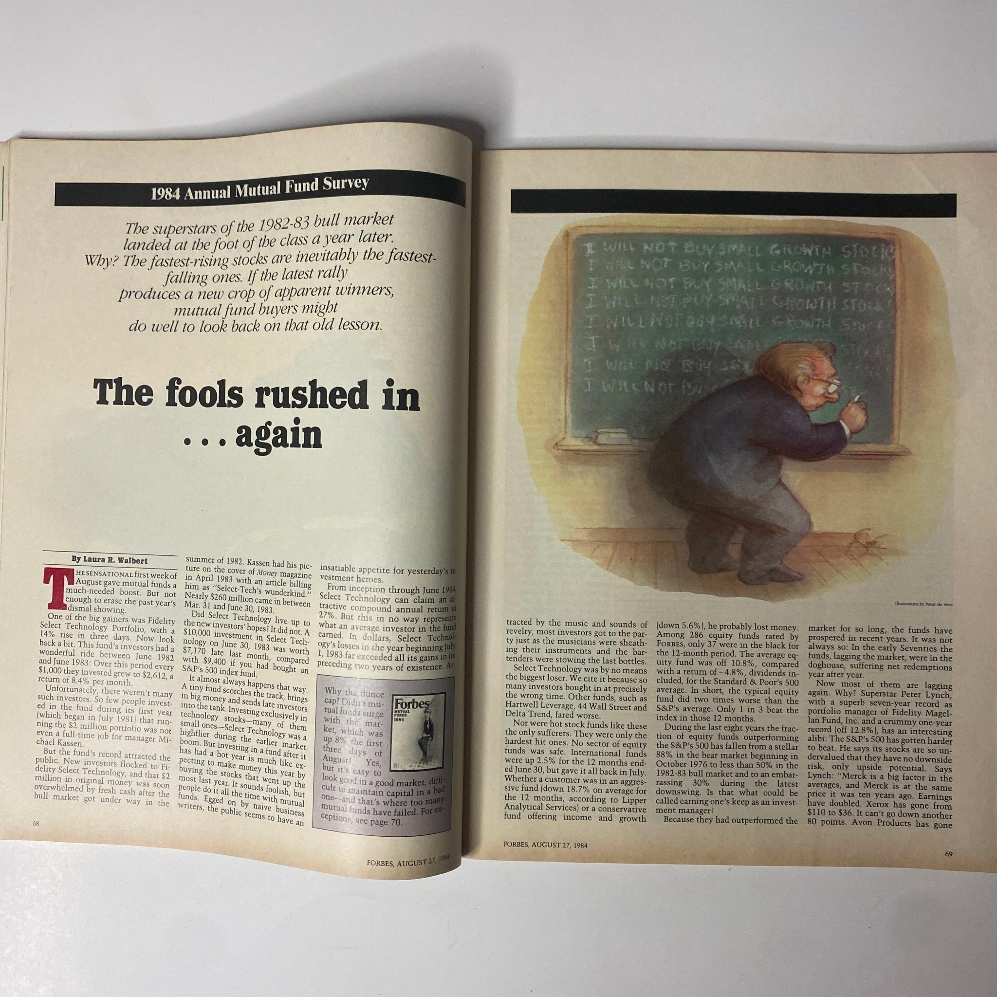 Interior page from Forbes Magazine, August 27, 1984, featuring the article titled 'The fools rushed in... again' from the 1984 Annual Mutual Fund Survey, discussing investment pitfalls with an illustration of a man at a chalkboard.
