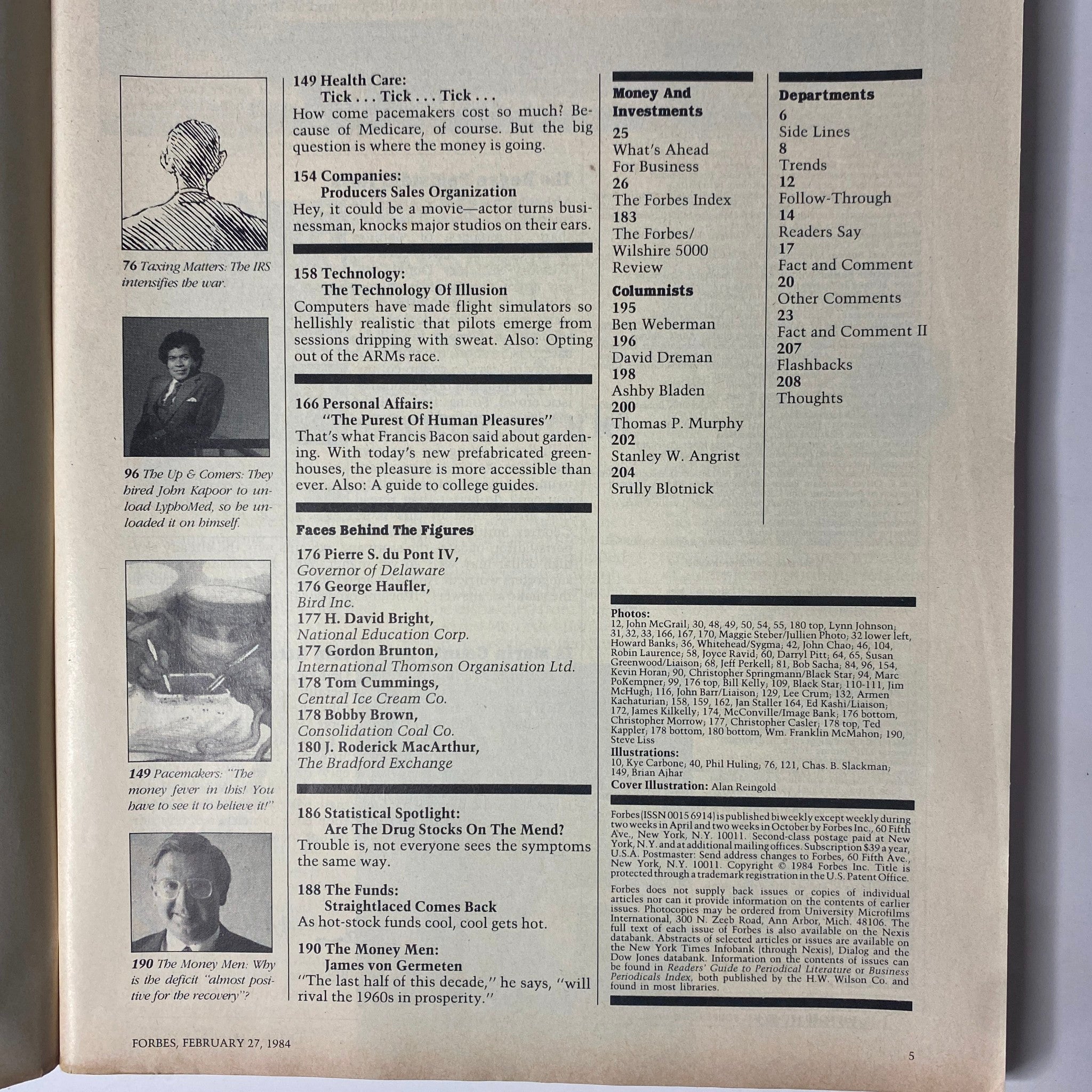 Page detailing articles and sections from Forbes Magazine February 27, 1984, featuring topics on healthcare, companies, technology, personal affairs, and prominent figures such as California Governor George Deukmejian.