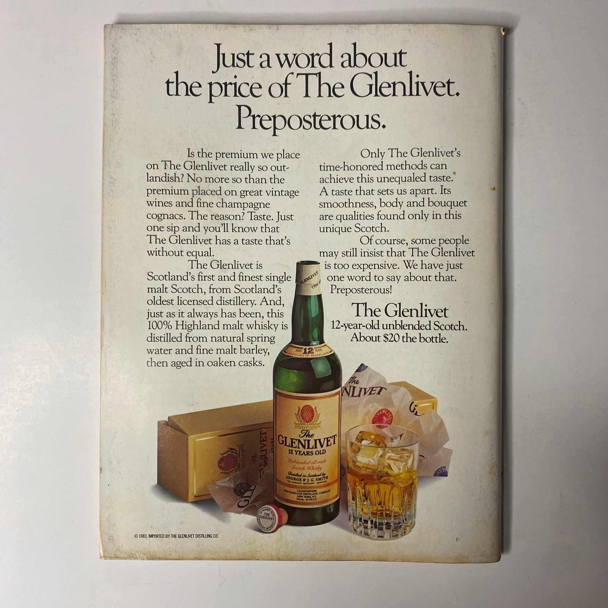 Advertisement for The Glenlivet whisky from Forbes Magazine February 27, 1984, highlighting its quality and unique taste, paired with an image of the whiskey bottle and accompanying glass.
