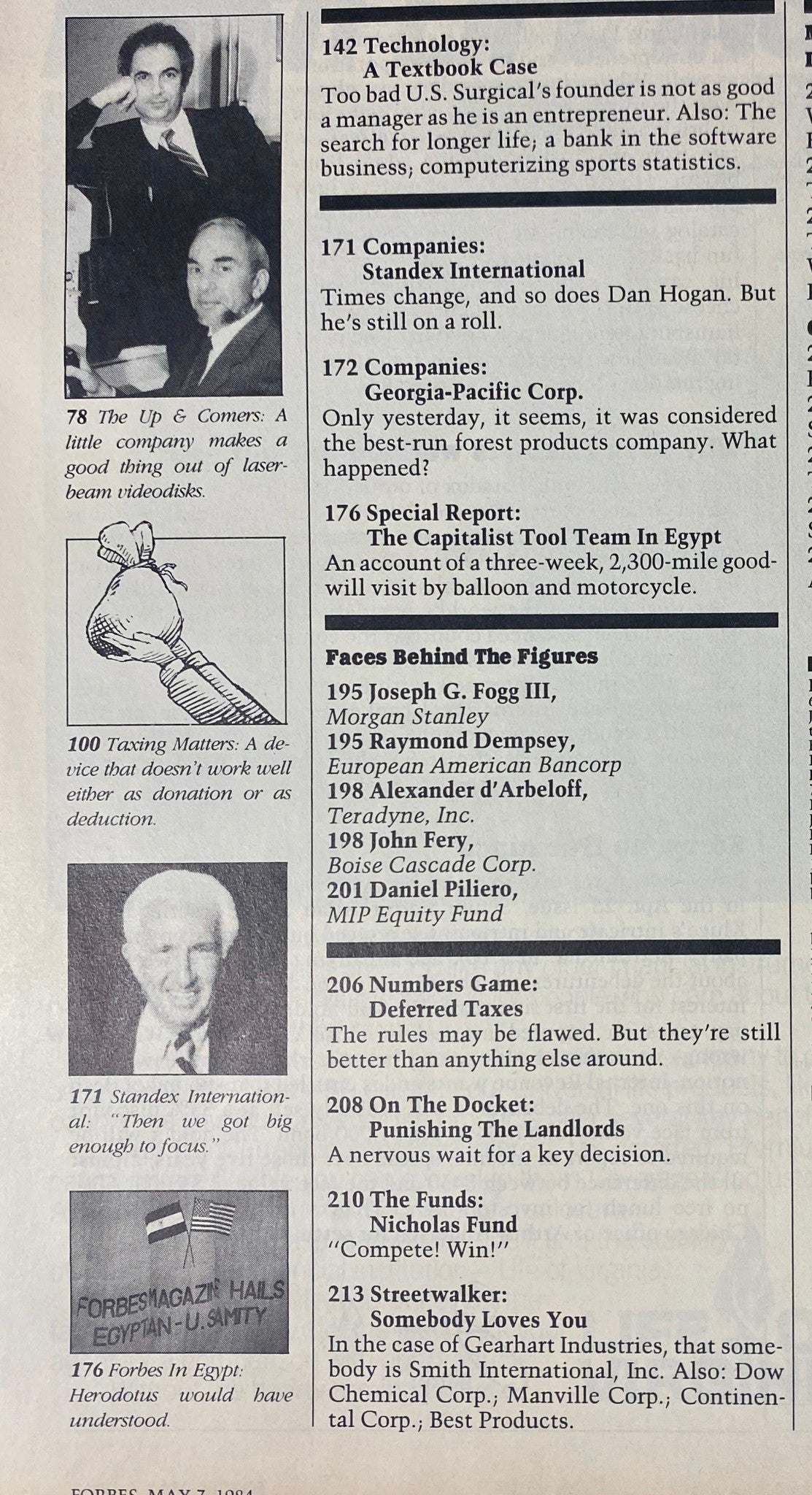 Forbes Magazine May 7, 1984 - A vintage image featuring prominent business figures and a detailed layout from the article discussing 'The Up & Comers' and the impact of technology on businesses.