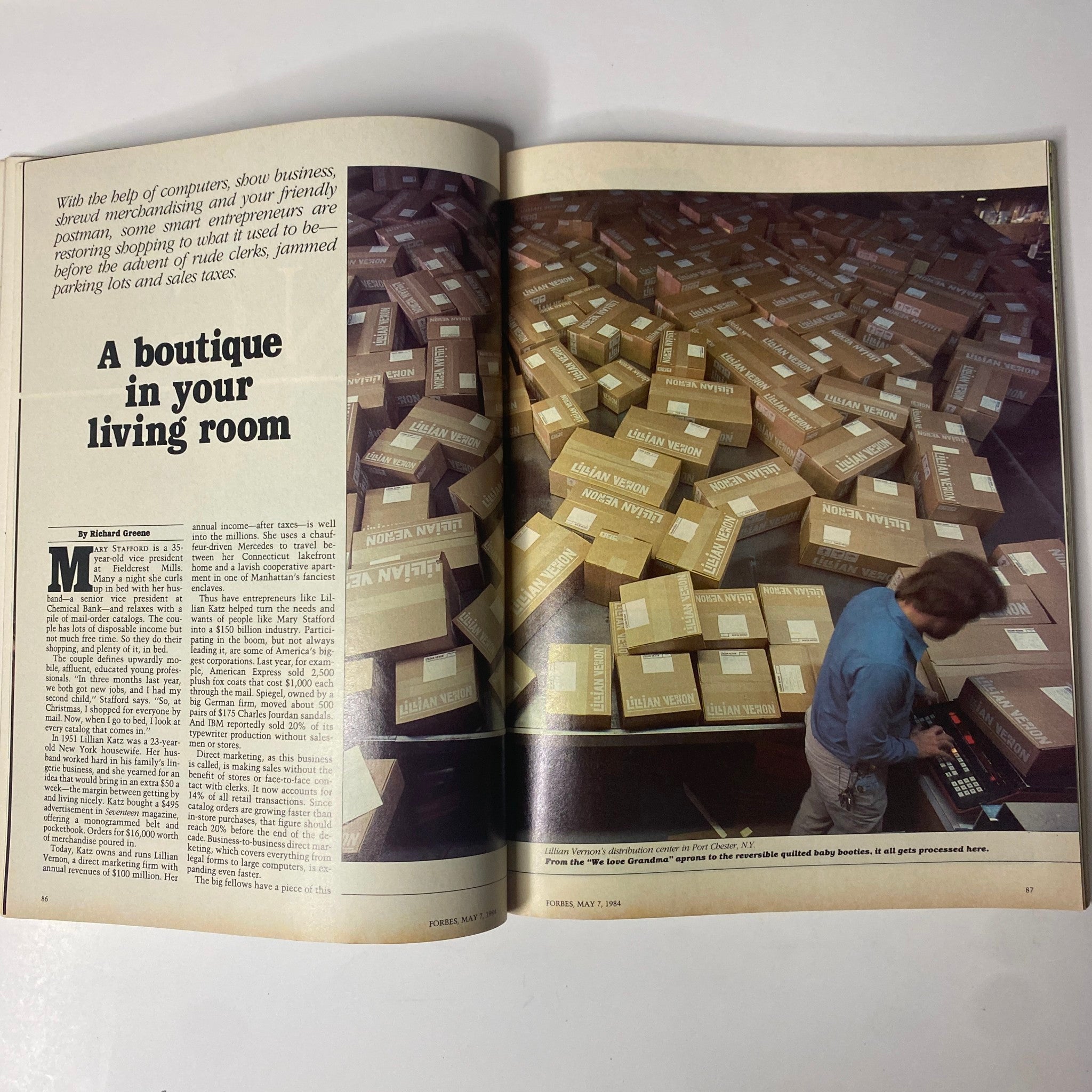 Forbes Magazine May 7, 1984 - An image displaying a fragmented scene of a bustling distribution center filled with neatly stacked boxes, illustrating the rise of direct marketing and home-based businesses.