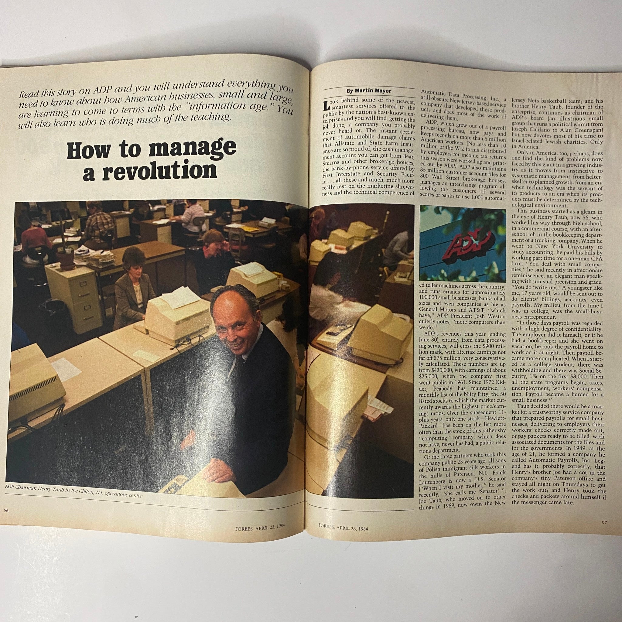 Interior page of Forbes Magazine April 23, 1984 showing a feature story on Automated Data Processing with Henry Taub.