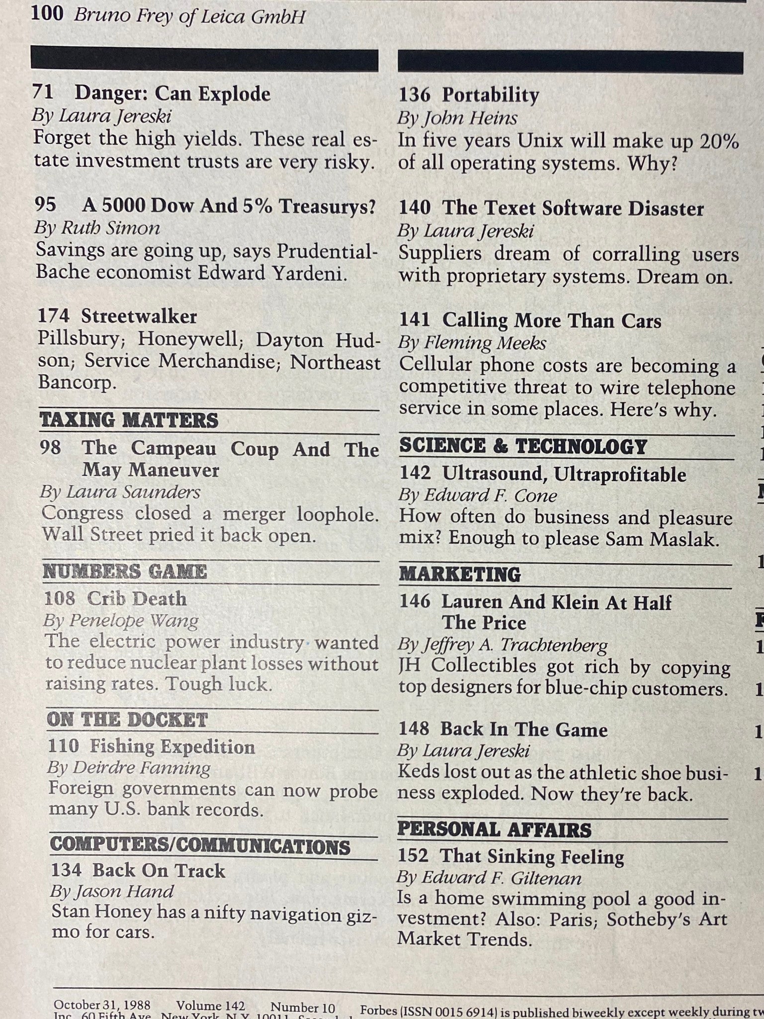 Table of contents from Forbes Magazine October 31, 1988, featuring articles on economic topics and corporate strategies, titled 'Is The Reagan Prosperity For Real?'. This vintage issue is essential for those interested in 1980s financial history.