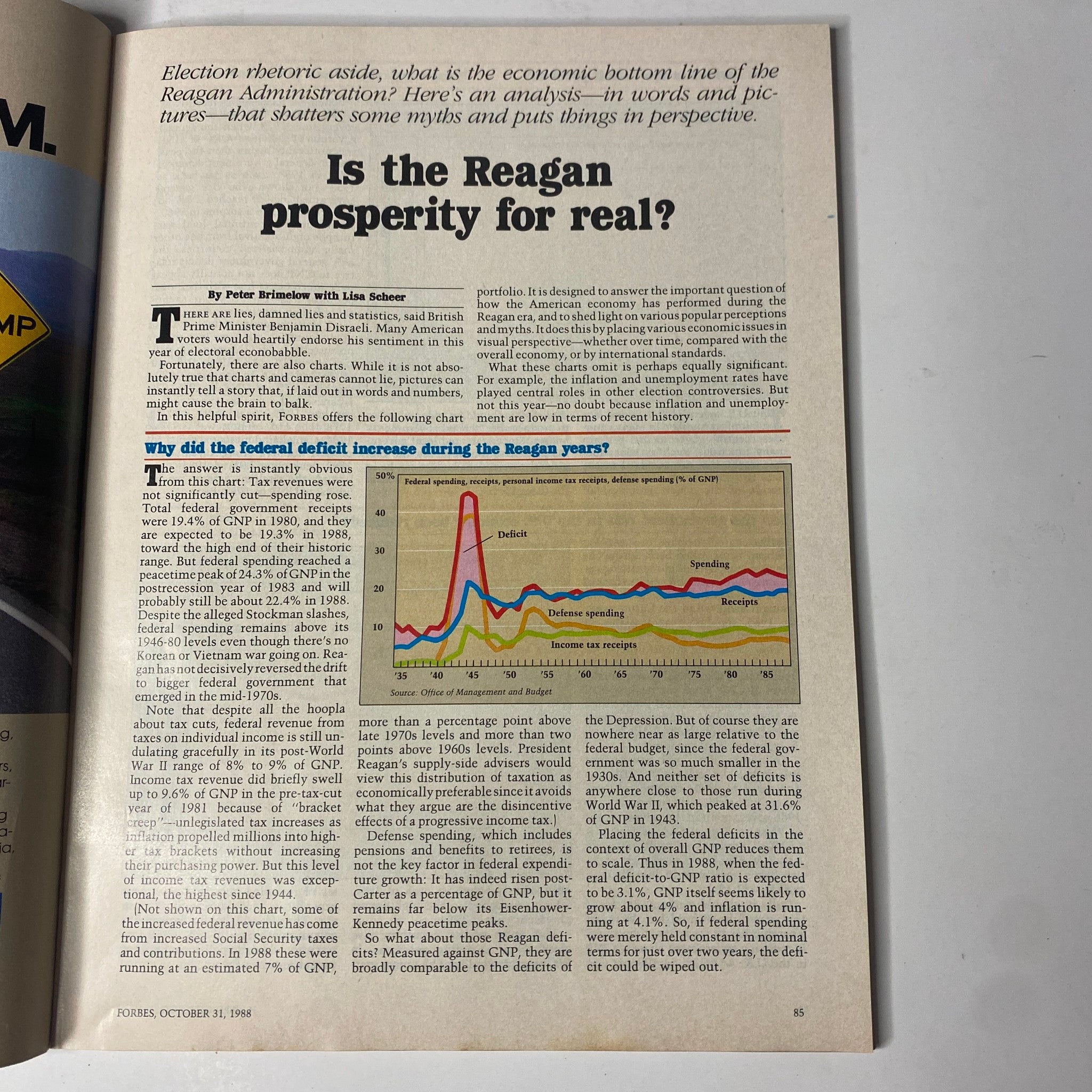 The cover page of the Forbes Magazine October 31, 1988, with the title 'Is The Reagan Prosperity For Real?'. This edition explores the economic legacy of the Reagan Administration and questions the authenticity of prosperity during the 1980s.