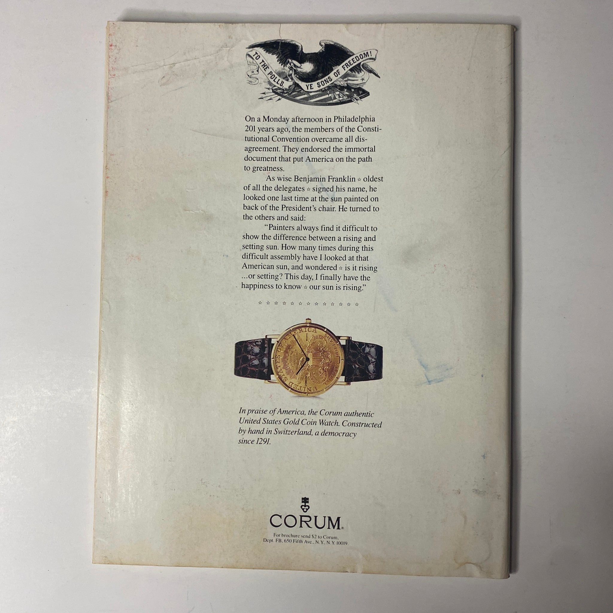 Back cover of Forbes Magazine October 31, 1988, featuring a Corum watch advertisement. This vintage magazine includes analyses of Reagan-era economic policies and serves as a collectible piece of financial history.