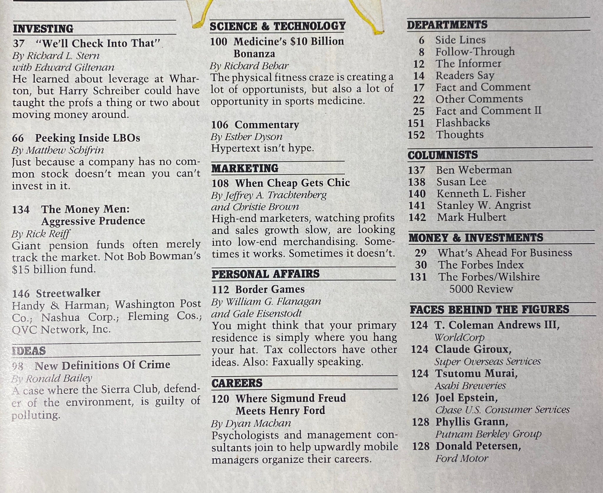 Table of contents from Forbes Magazine June 13, 1988, detailing various articles including investing, science and technology, marketing, and personal affairs, enhancing understanding of the magazine's comprehensive coverage.
