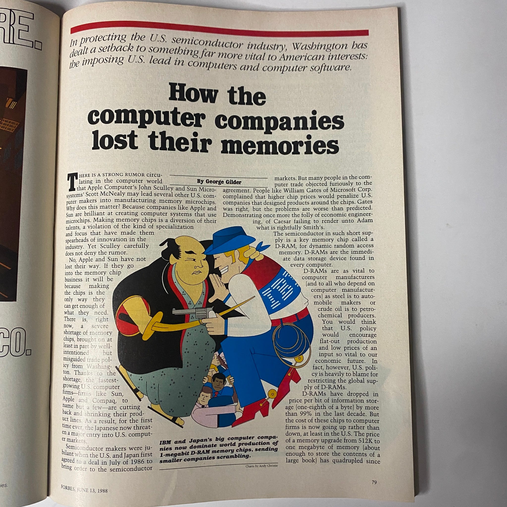 Cover page of the Forbes Magazine June 13, 1988 edition featuring the article titled 'How the Computer Companies Lost Their Memories' by George Gilder, illustrating the critical discussion on the impact of U.S. industrial policies on the semiconductor industry.