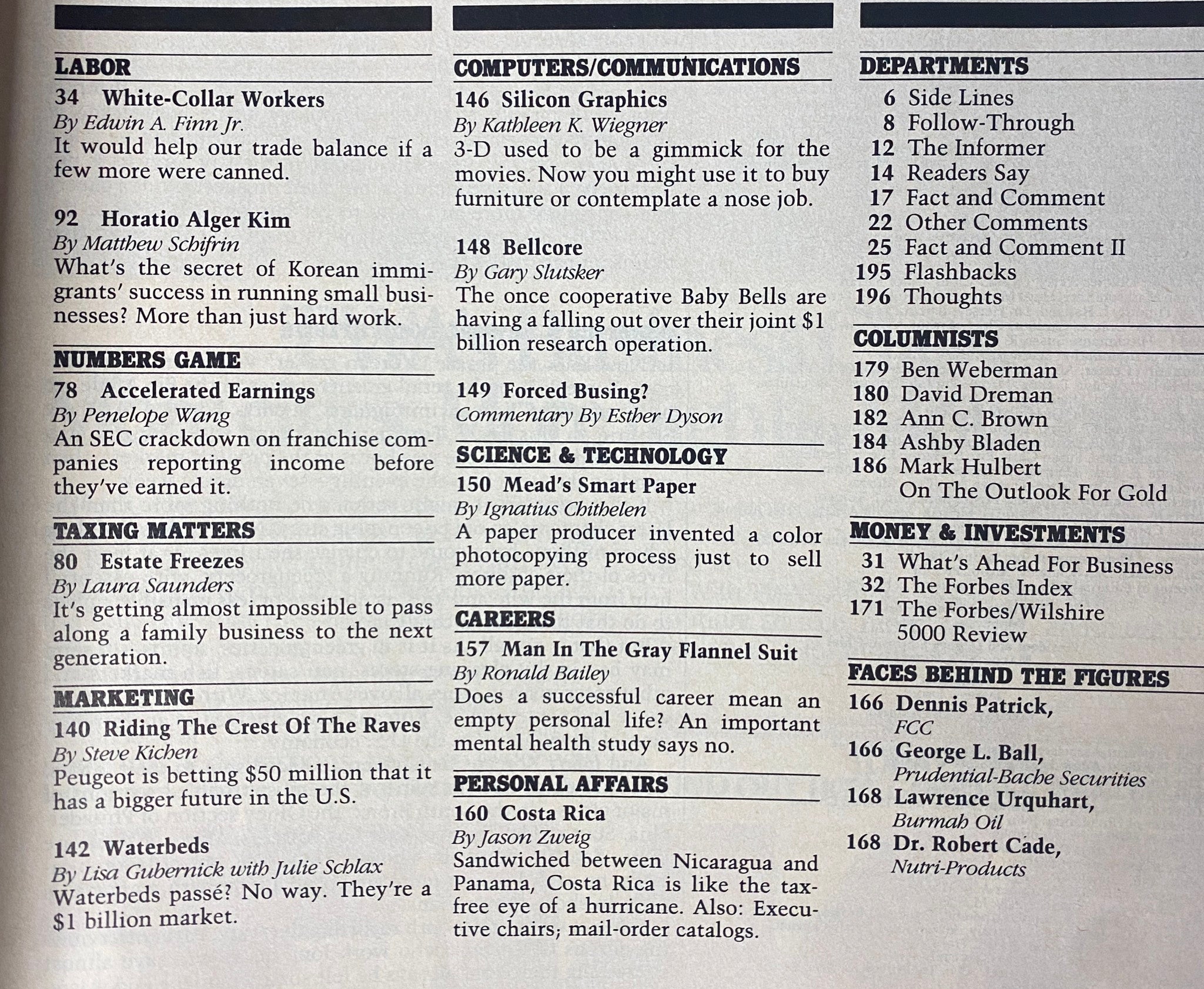 Table of contents from Forbes Magazine October 17, 1988, featuring articles on labor, marketing, numbers game, and personal affairs relevant to Pay TV industry.