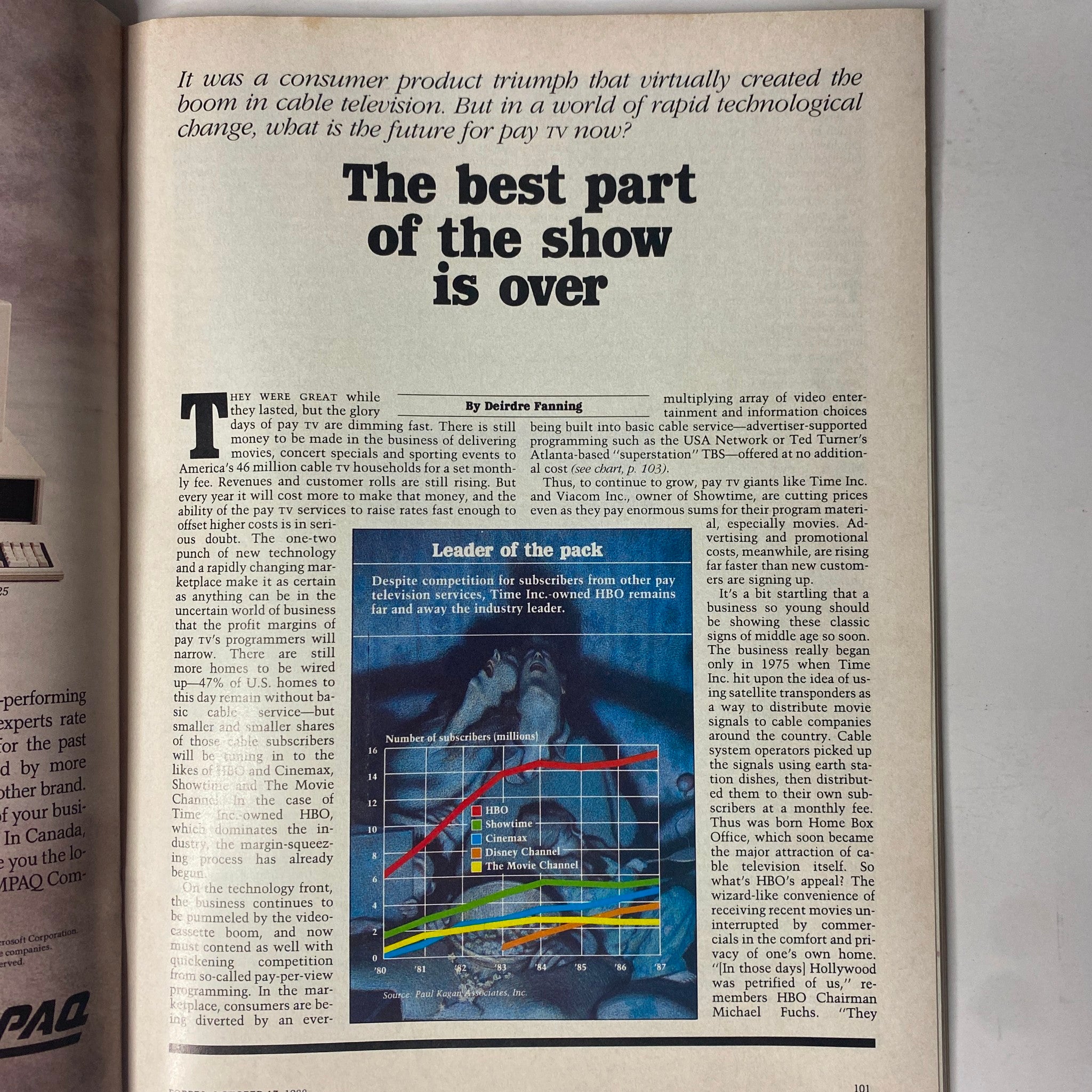 Article page titled 'The best part of the show is over' from Forbes Magazine October 17, 1988, discussing the decline of pay television and featuring subscriber statistics.