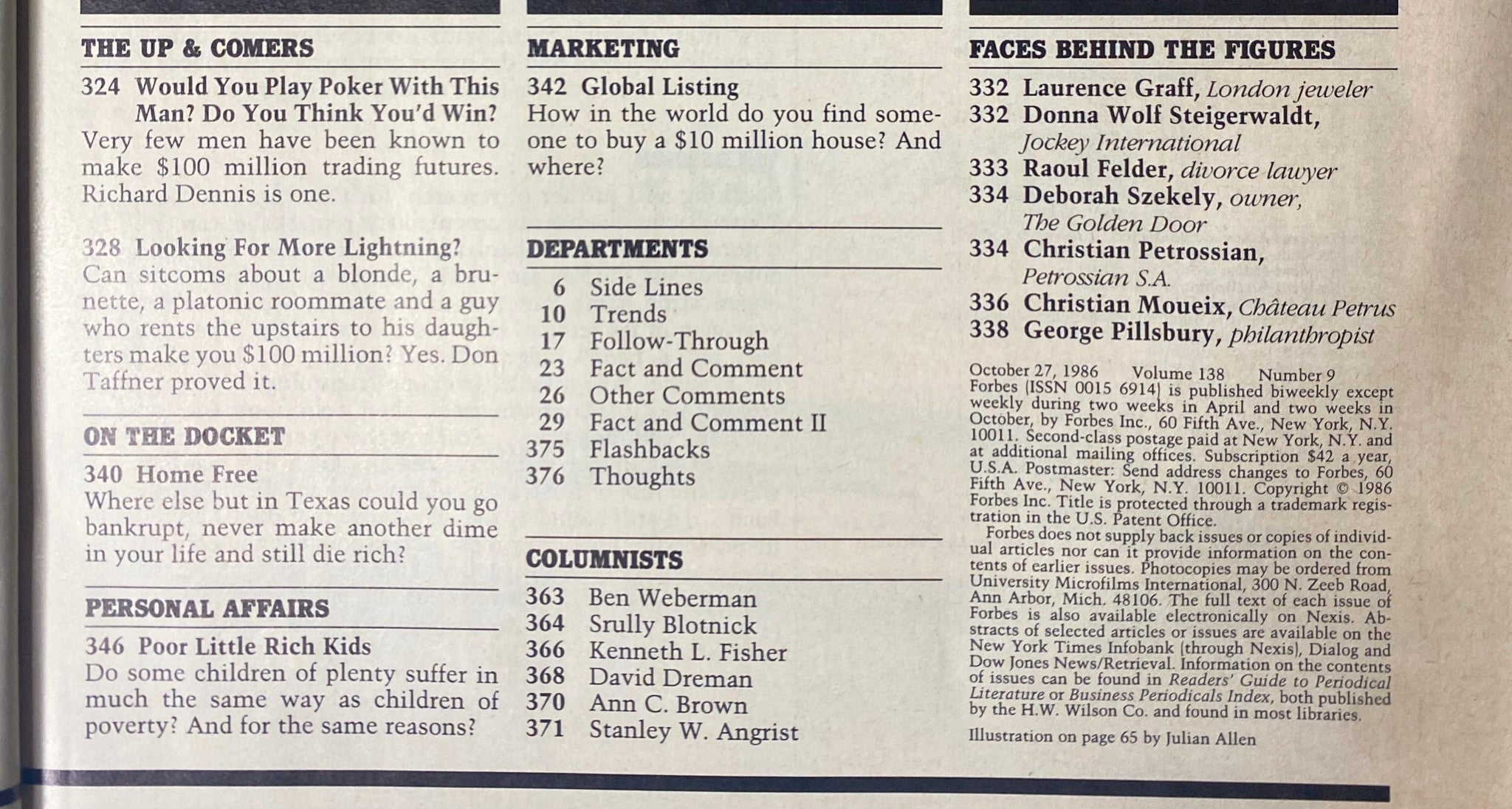 Marketing and trends pages from Forbes Magazine 1986, highlighting various segments such as 'The Up & Comers' and global listings, showcasing the magazine's focus on wealth and economic discussions.