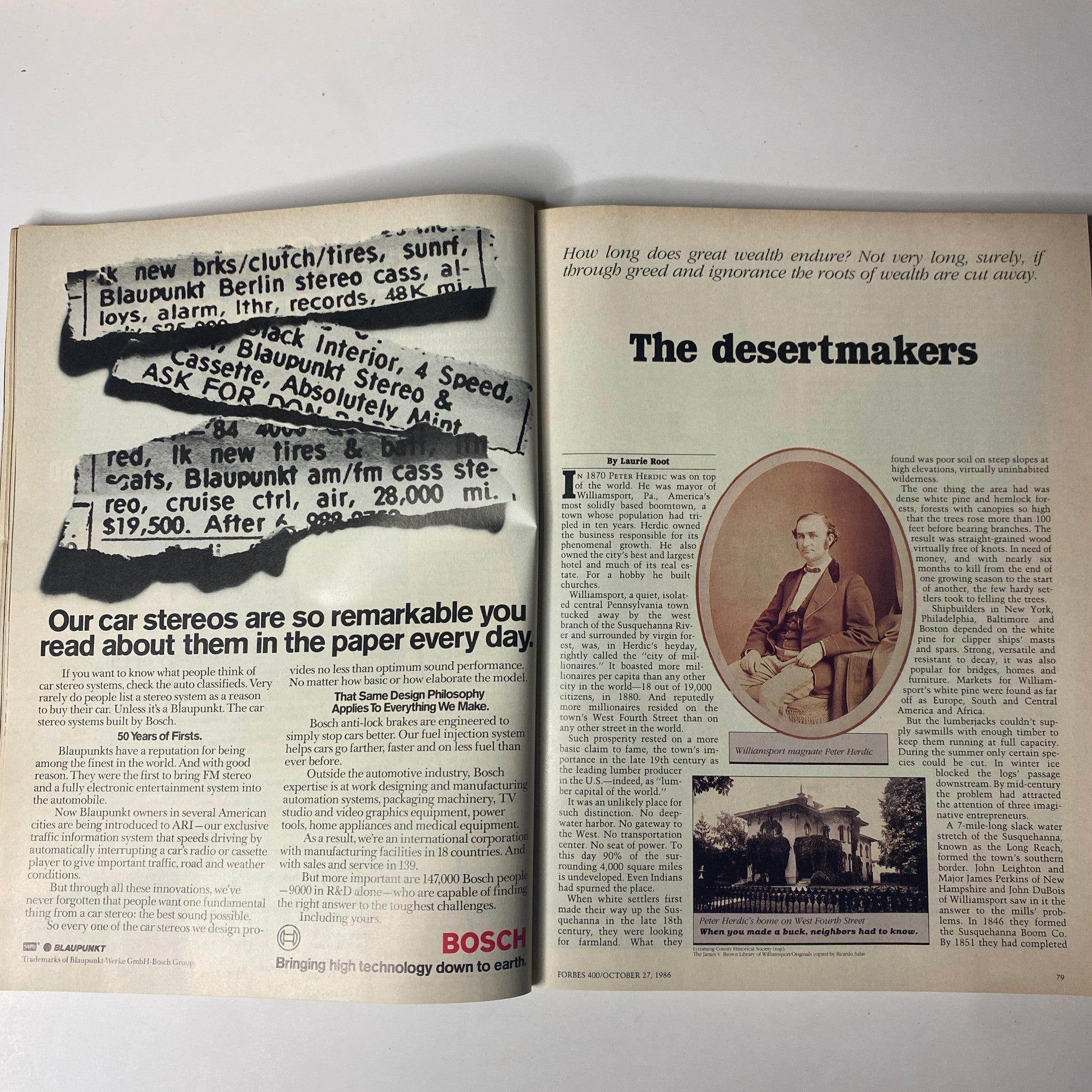 An article spread from Forbes Magazine 1986 titled 'The Desertmakers', discussing implications of wealth and sustainability, accompanied by an illustration of a historical figure relevant to the piece.