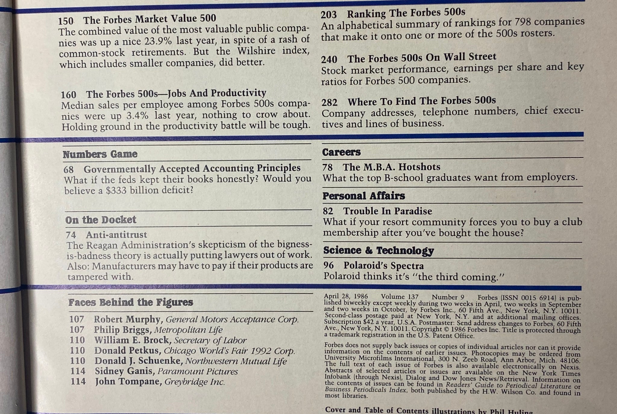 Another interior page from Forbes Magazine 1986, detailing lists and explanations related to the Forbes 500s Annual Directory rankings and business performance.