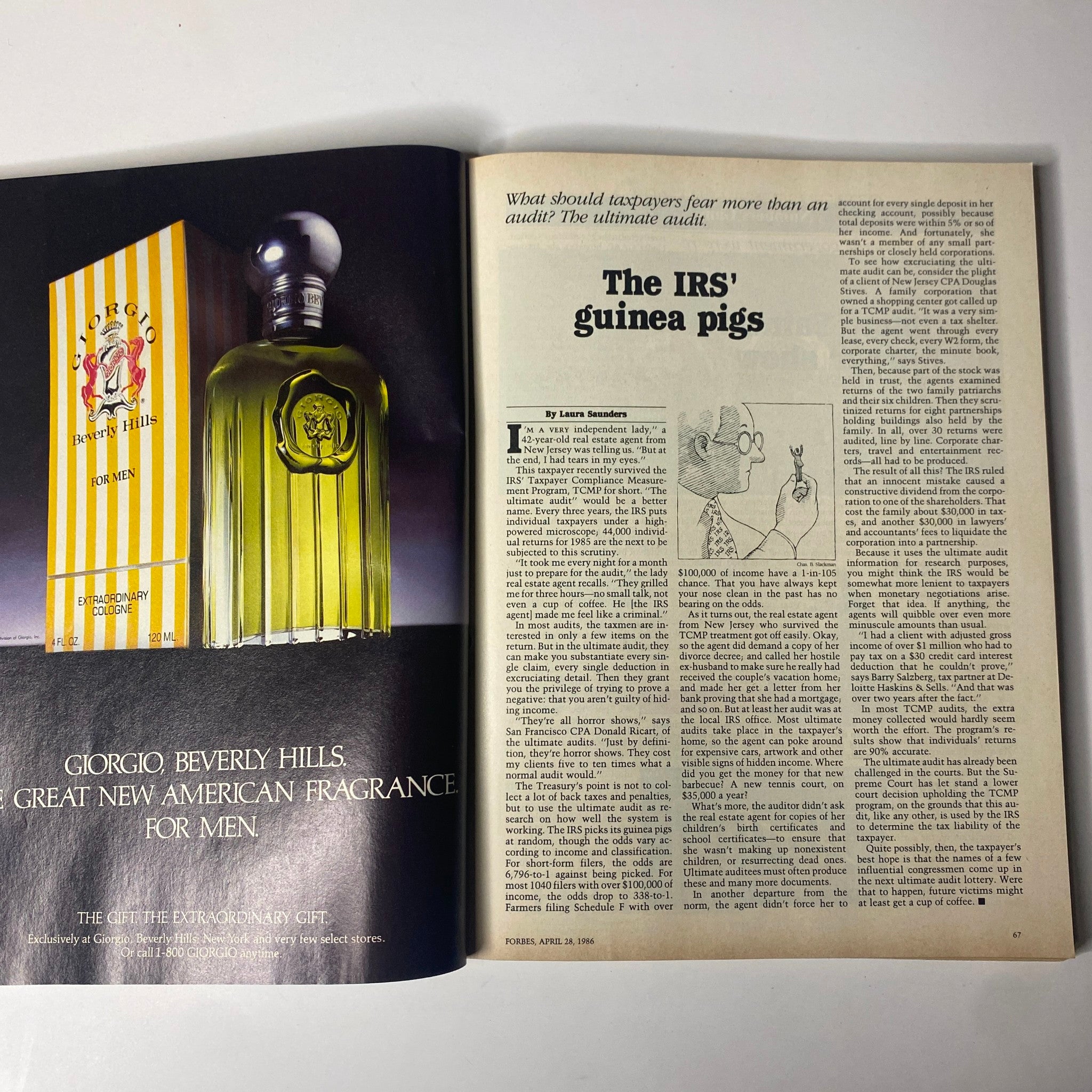 An advertisement page from Forbes Magazine 1986 featuring Giorgio Beverly Hills fragrance alongside an article discussing IRS tax audits.