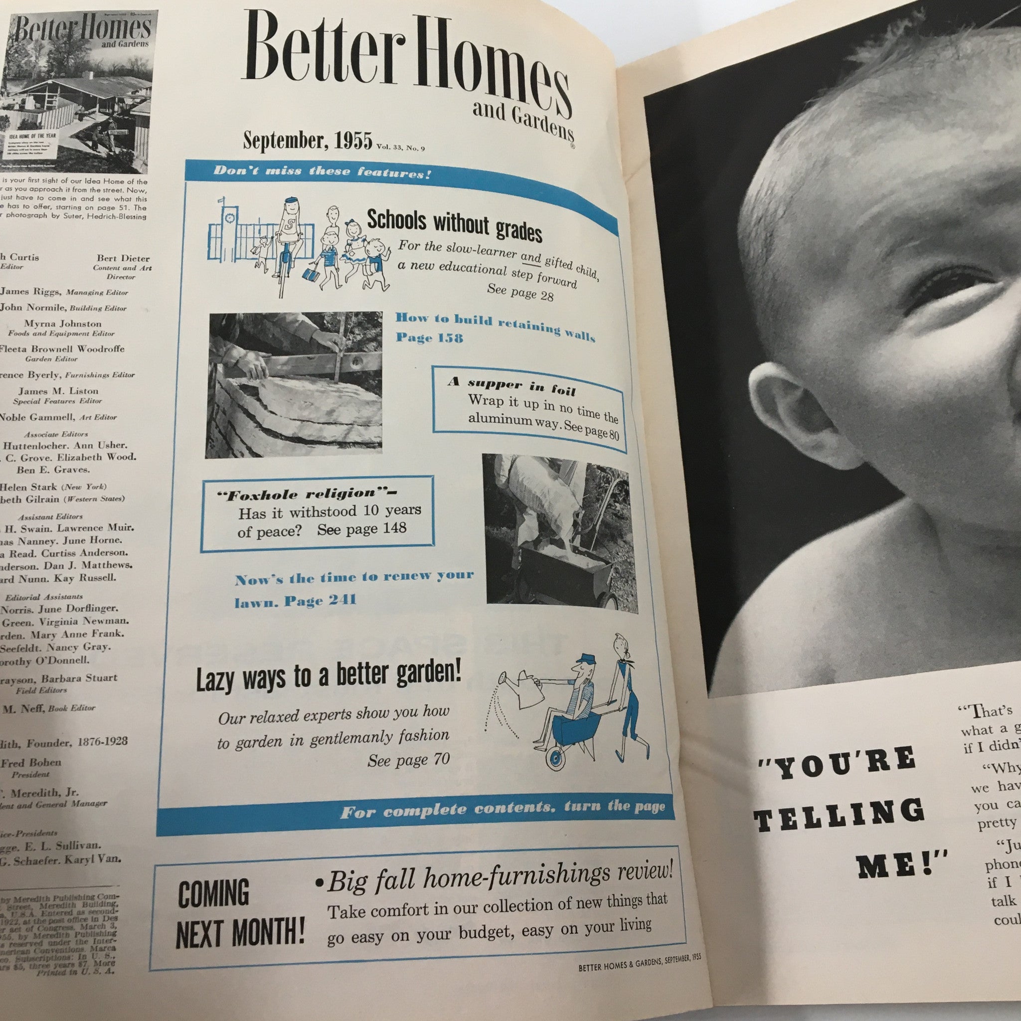 Interior page of VTG Better Homes & Gardens Magazine September 1955 featuring article teasers, emphasizing home improvement tips and nostalgic mid-century lifestyle.