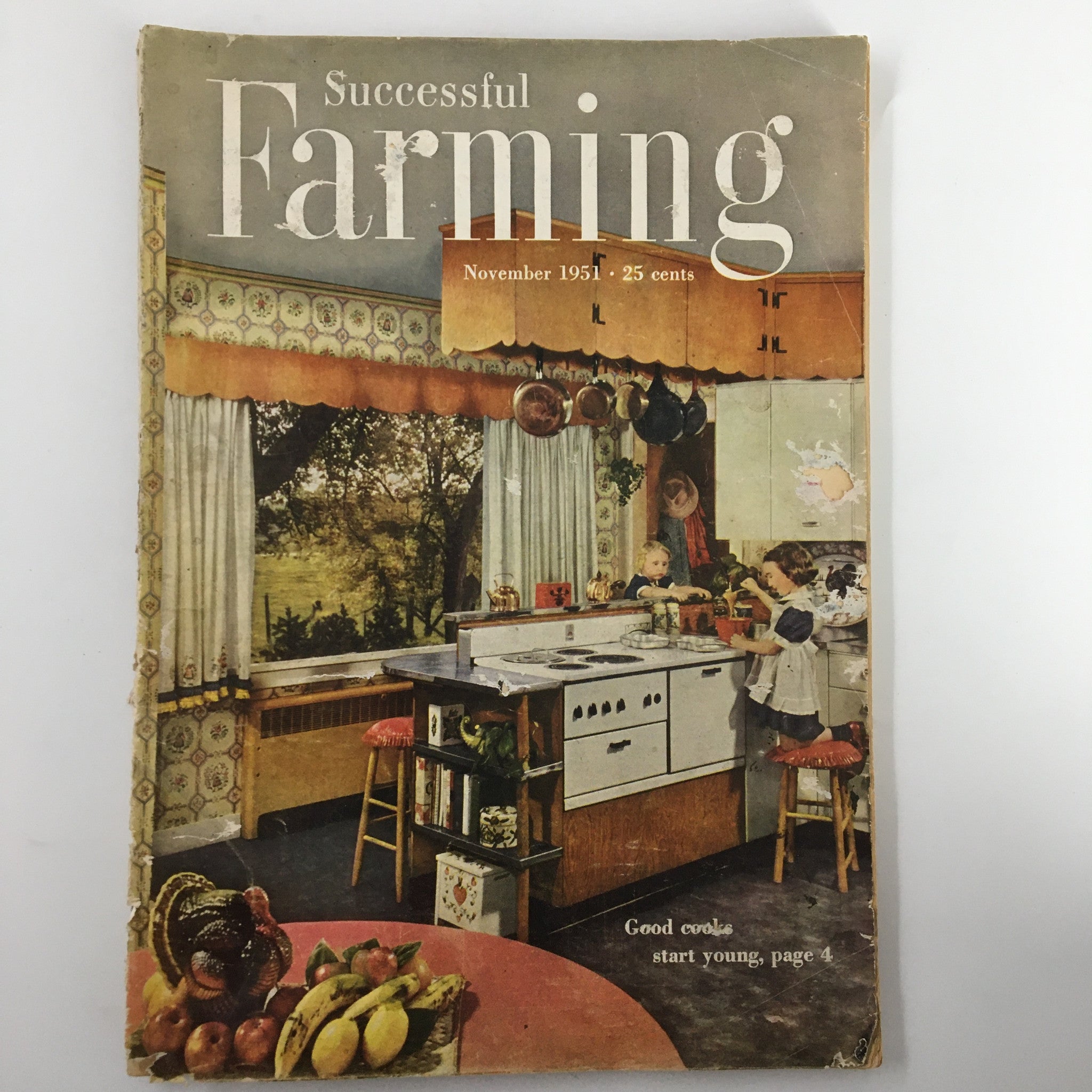 Front cover of VTG Successful Farming Magazine from November 1951, featuring a vintage kitchen scene with children cooking and a variety of fruits on the table.