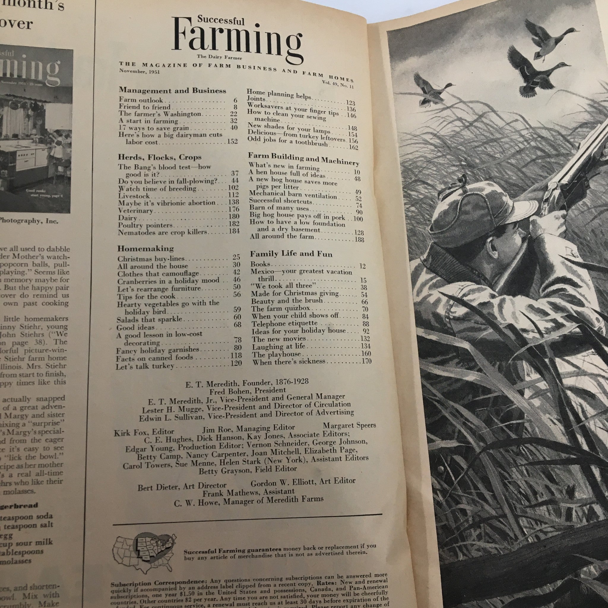 Table of contents showcasing articles from the 'VTG Successful Farming Magazine November 1951 Made for Christmas Giving' highlighting farming techniques and rural life.