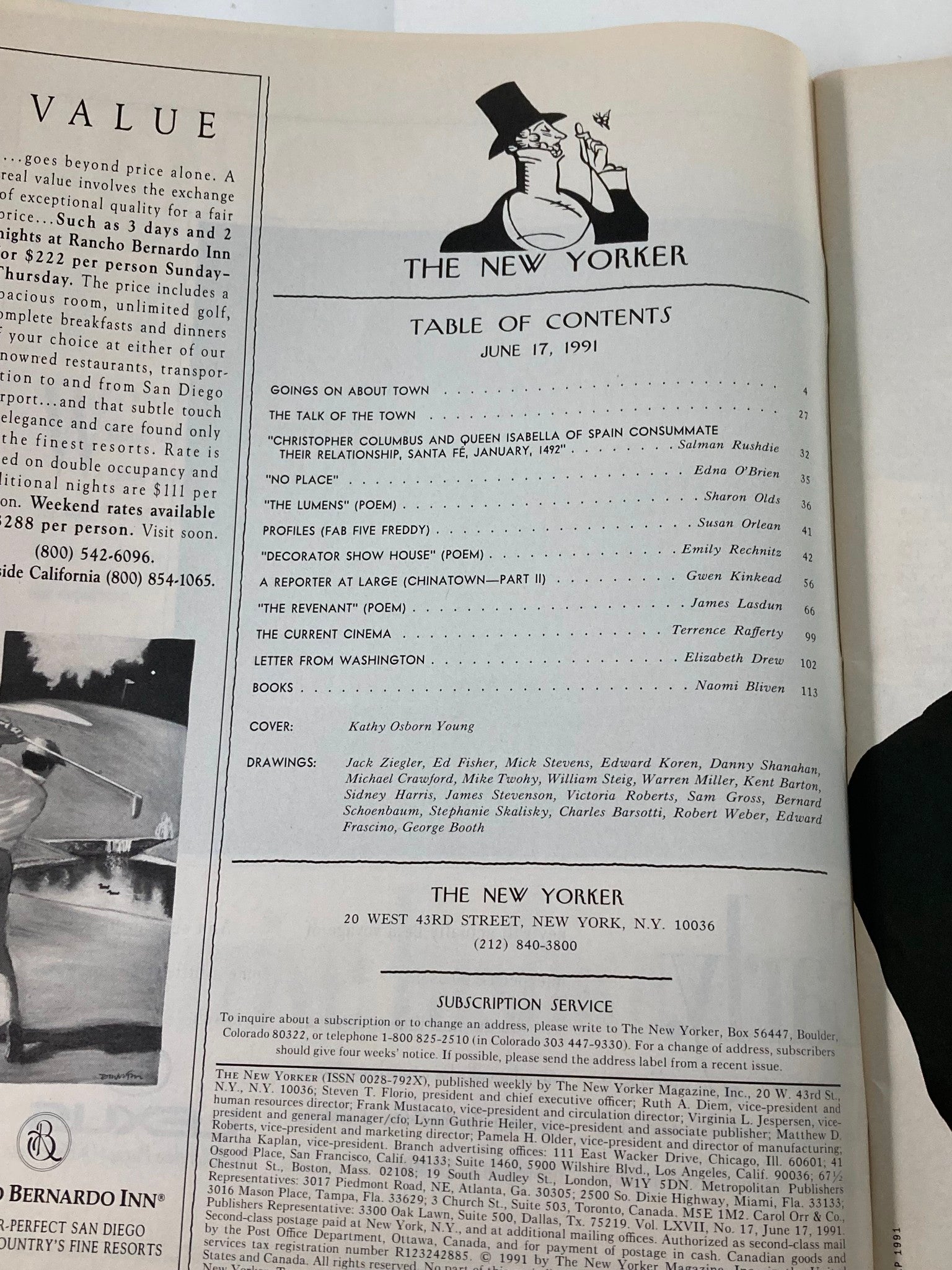 The New Yorker Full Magazine June 17, 1991 inside Table of Contents page, detailing articles and features including a poem and various contributions, highlighting Kathy Osborn Young as the cover artist.