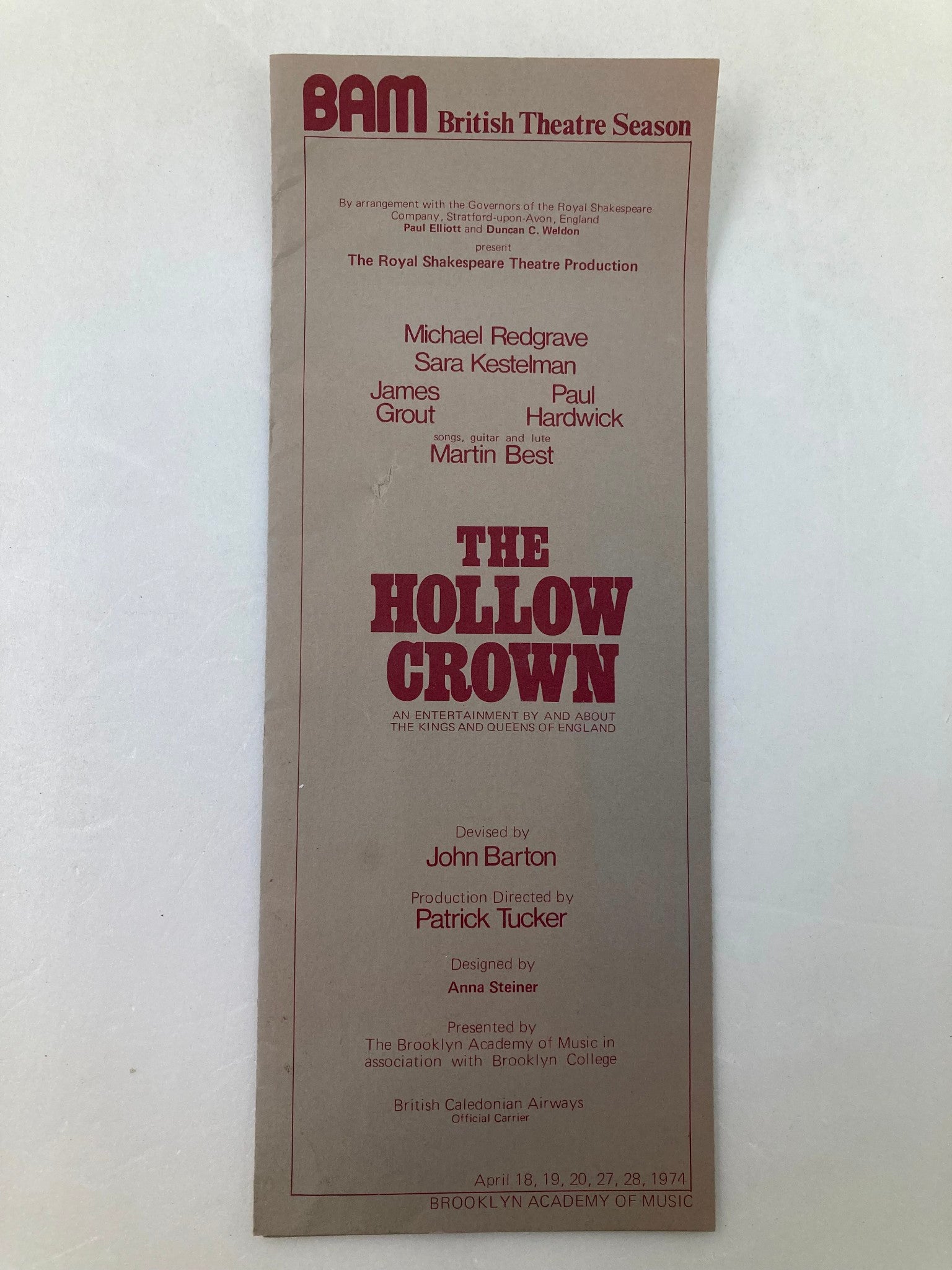 1974 Souvenir Program Bam British Theatre Season James Grout in The Hollow Crown