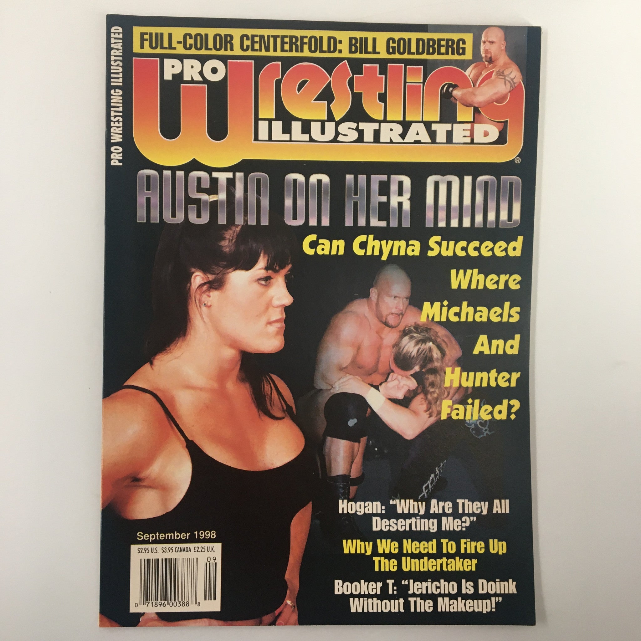 Cover of Pro Wrestling Illustrated September 1998 featuring Chyna and Bill Goldberg, with the headline 'Austin on Her Mind' and promotional text about wrestling events.
