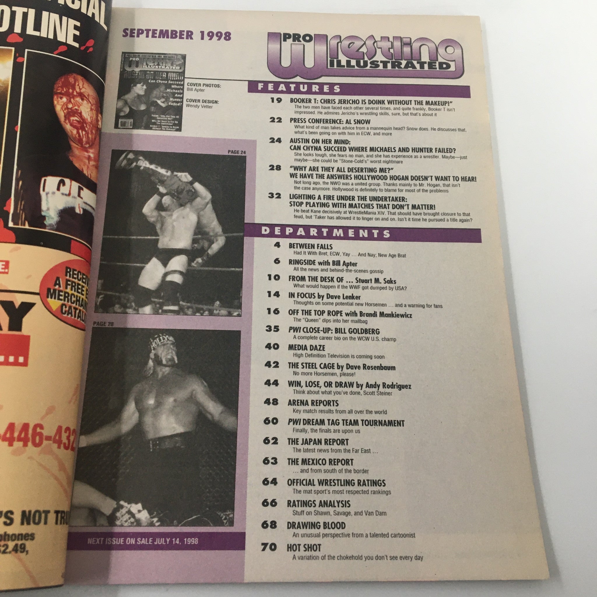 Inside page of Pro Wrestling Illustrated September 1998 showcasing features and department sections, highlighting articles including 'Booker T: Chris Jericho is Doink Without the Make-up'.