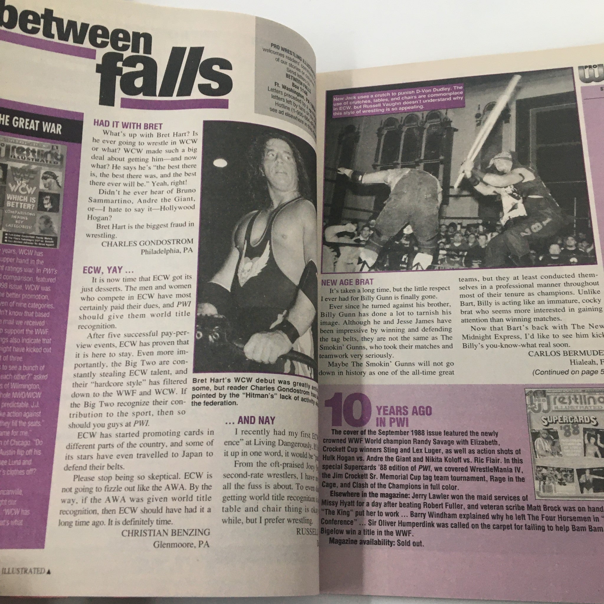 Another internal spread from Pro Wrestling Illustrated September 1998 discussing wrestling events and commentary with visuals of wrestling action, demonstrating the magazine's engagement with fans.