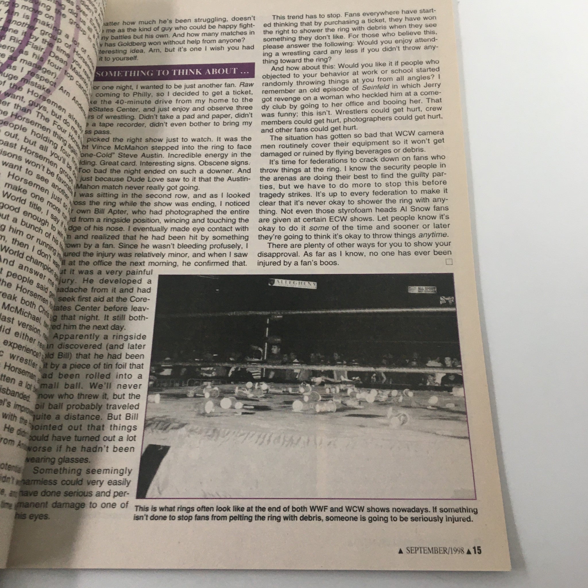 Pro Wrestling Illustrated September 1998 Chyna, Bill Goldberg, Shawn Michaels VG - An inside page highlighting discussions on fan interactions during wrestling matches.