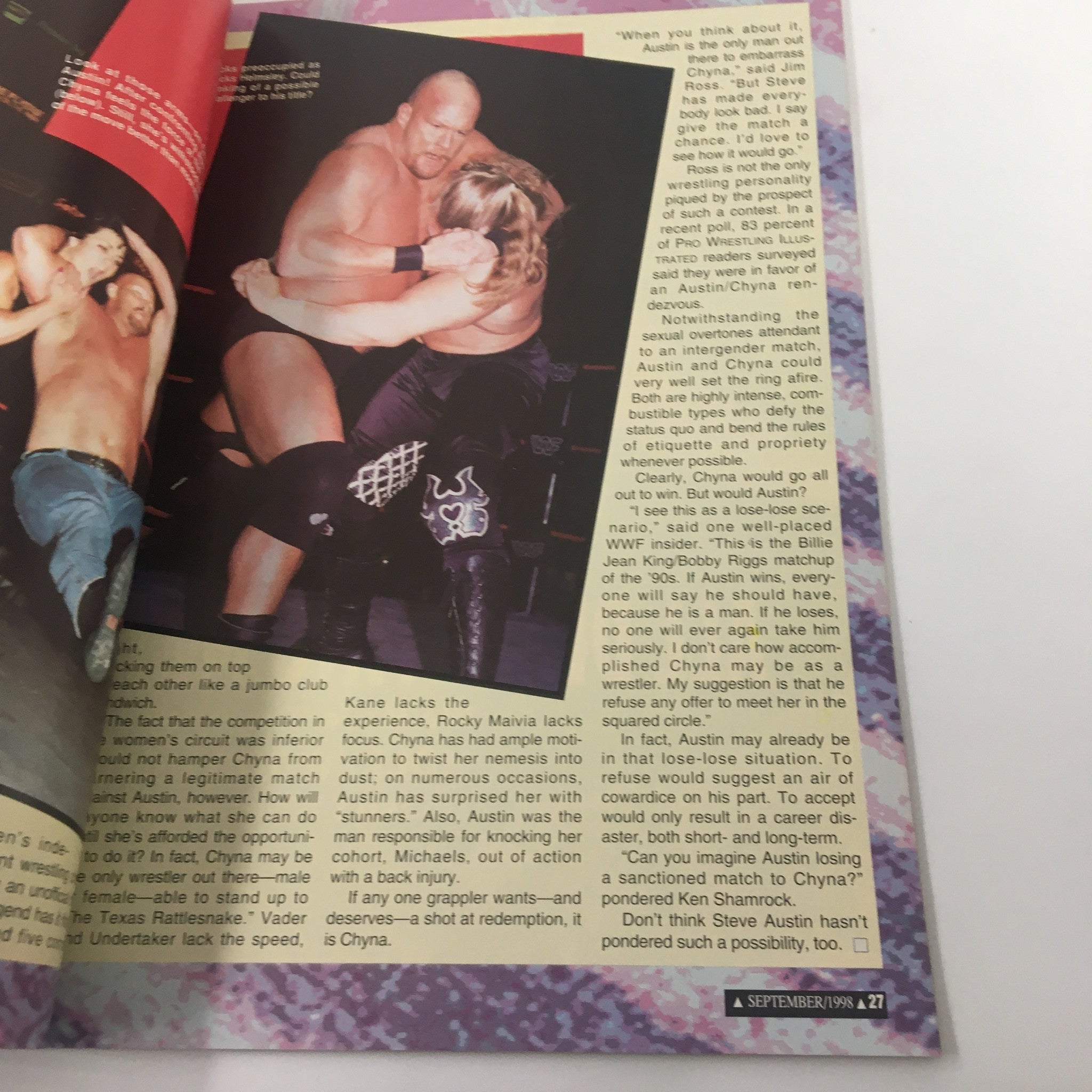 Pro Wrestling Illustrated September 1998 Chyna, Bill Goldberg, Shawn Michaels VG - A dramatic wrestling moment capturing Steve Austin and Chyna in a match, emphasizing their interaction.