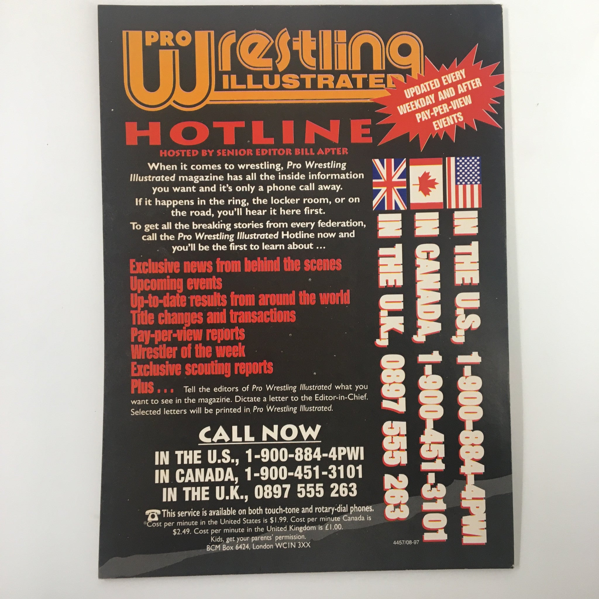 Pro Wrestling Illustrated September 1998 Chyna, Bill Goldberg, Shawn Michaels VG - The back cover promoting the Pro Wrestling Illustrated Hotline for exclusive WWE news and updates.