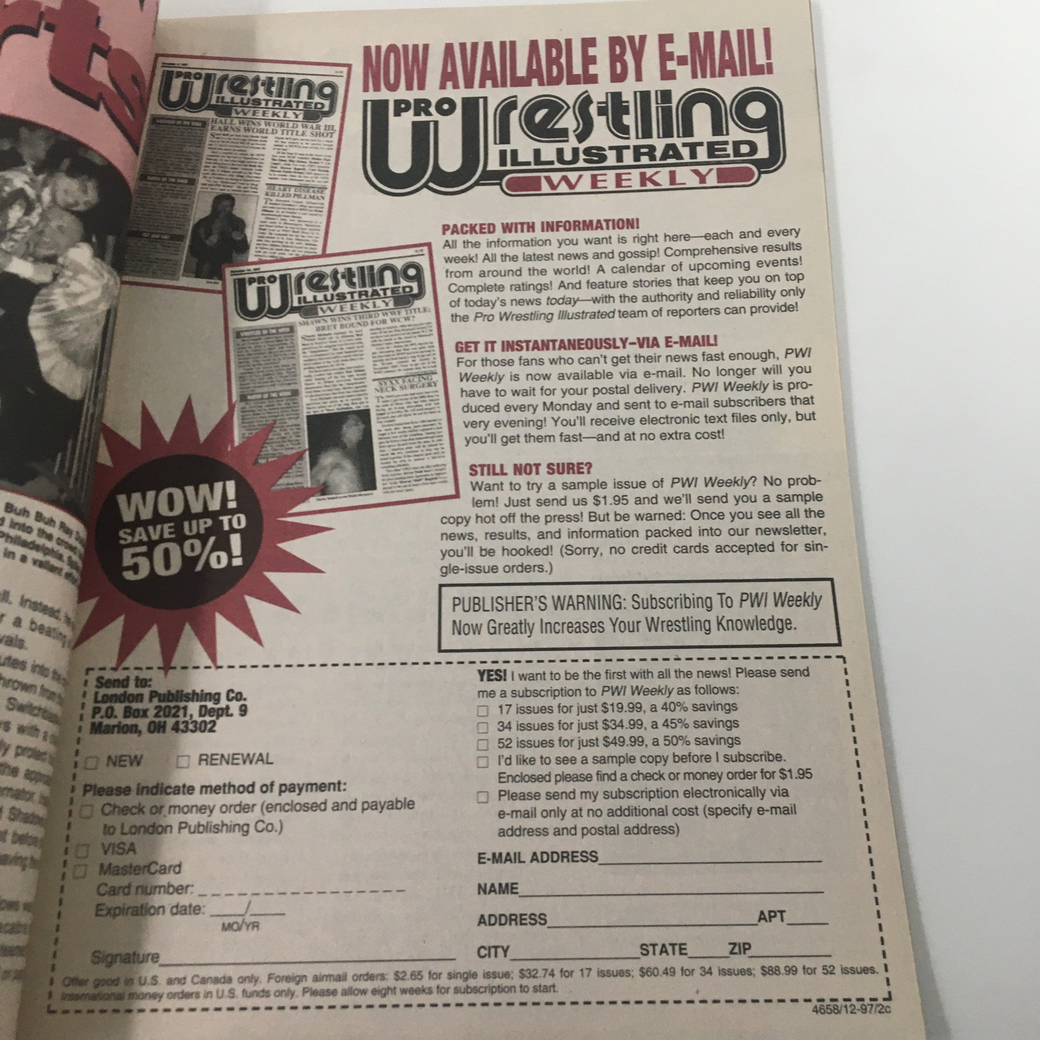 An interior advertisement page from The Wrestler Magazine May 1998 promoting Pro Wrestling Illustrated Weekly subscription services.