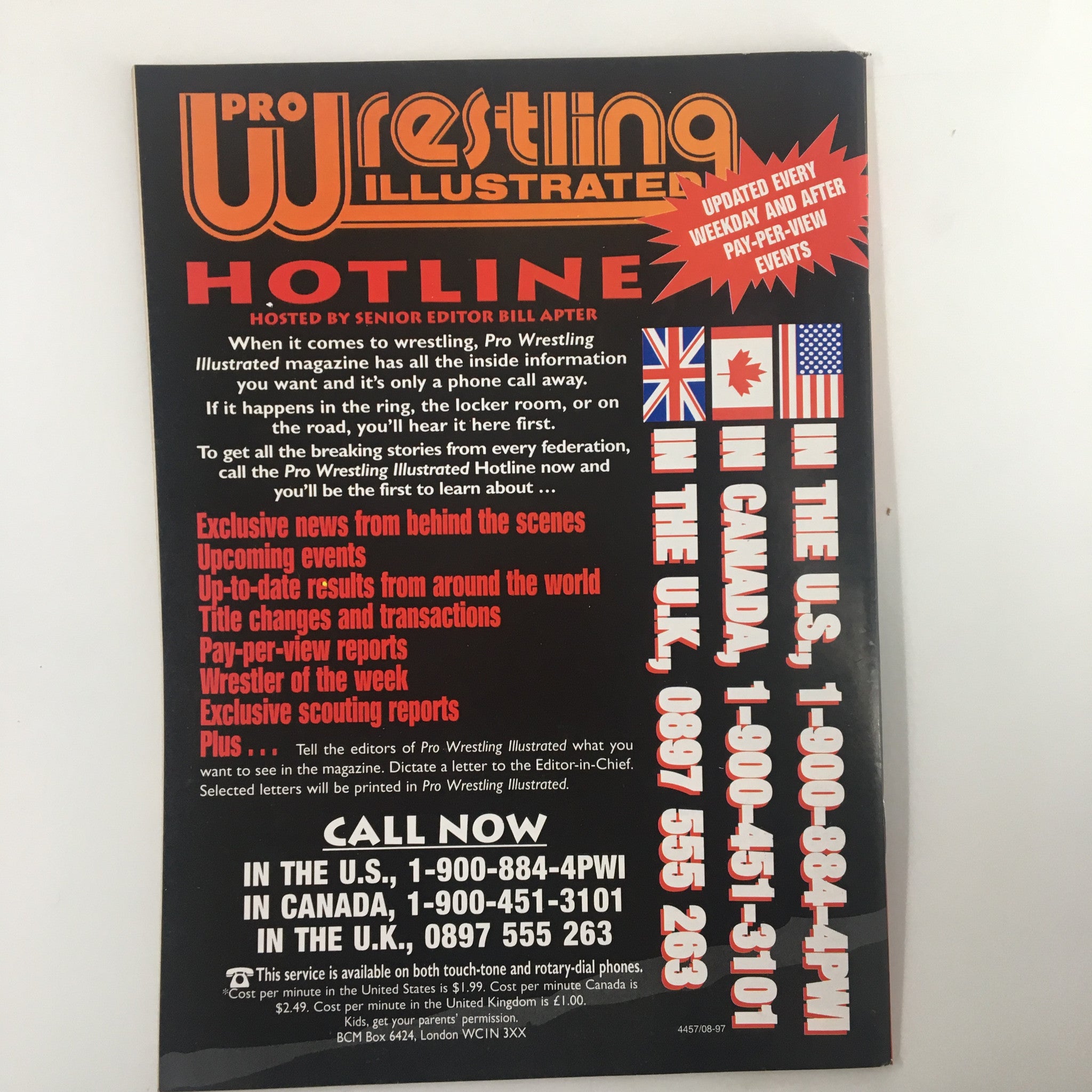 Pro Wrestling Illustrated Magazine hotline advertisement from May 1998 featuring information about exclusive news, events, and reports, highlighting its connection to wrestling icons Mike Tyson and Steve Austin, enhancing the collectibility of the title 'The Wrestler Magazine May 1998 Mike Tyson and Steve Austin'.