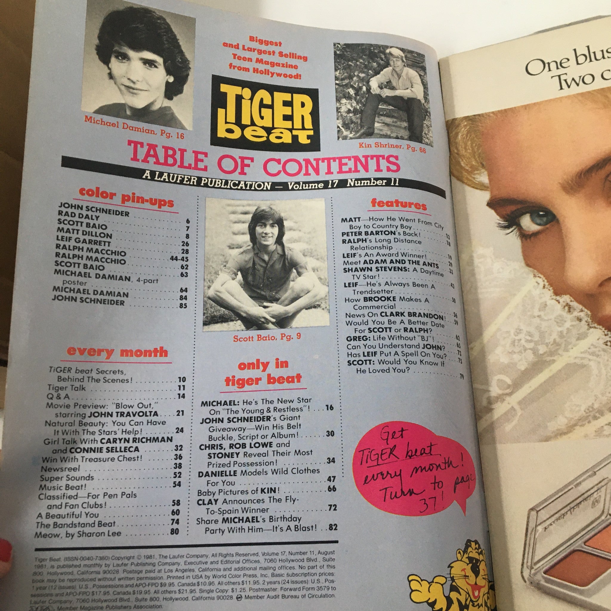 Table of contents page from VTG Tiger Beat Magazine August 1981, showcasing featured articles and color pin-ups including Ralph Macchio and Michael Damian.