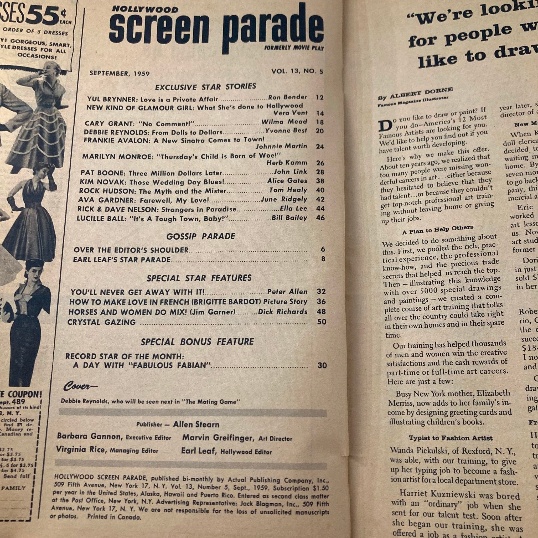 Hollywood Screen Parade Magazine September 1959 Debbie Reynolds GD Interior