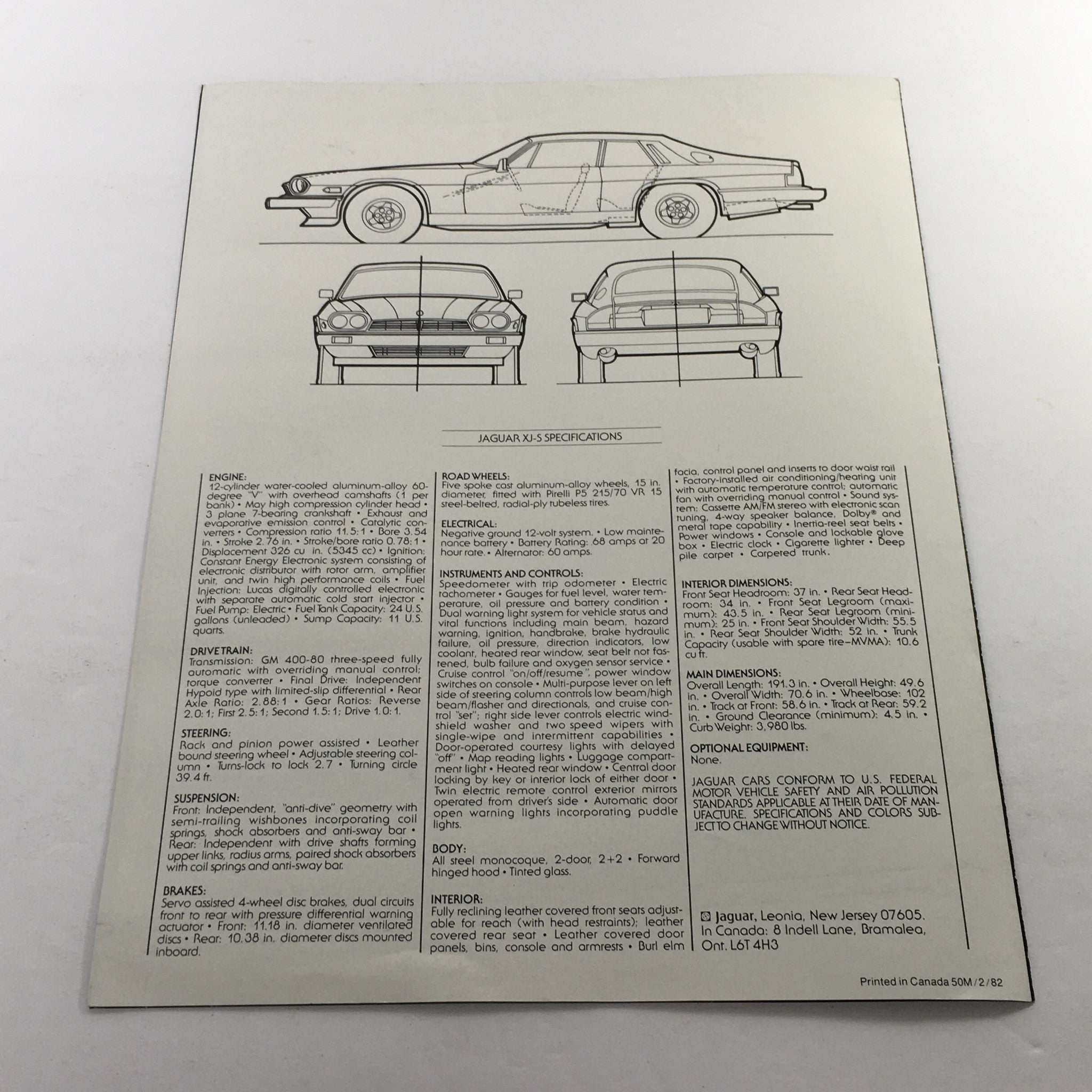 1982 Jaguar XJ-S Specification Dealership Car Auto Brochure Catalog