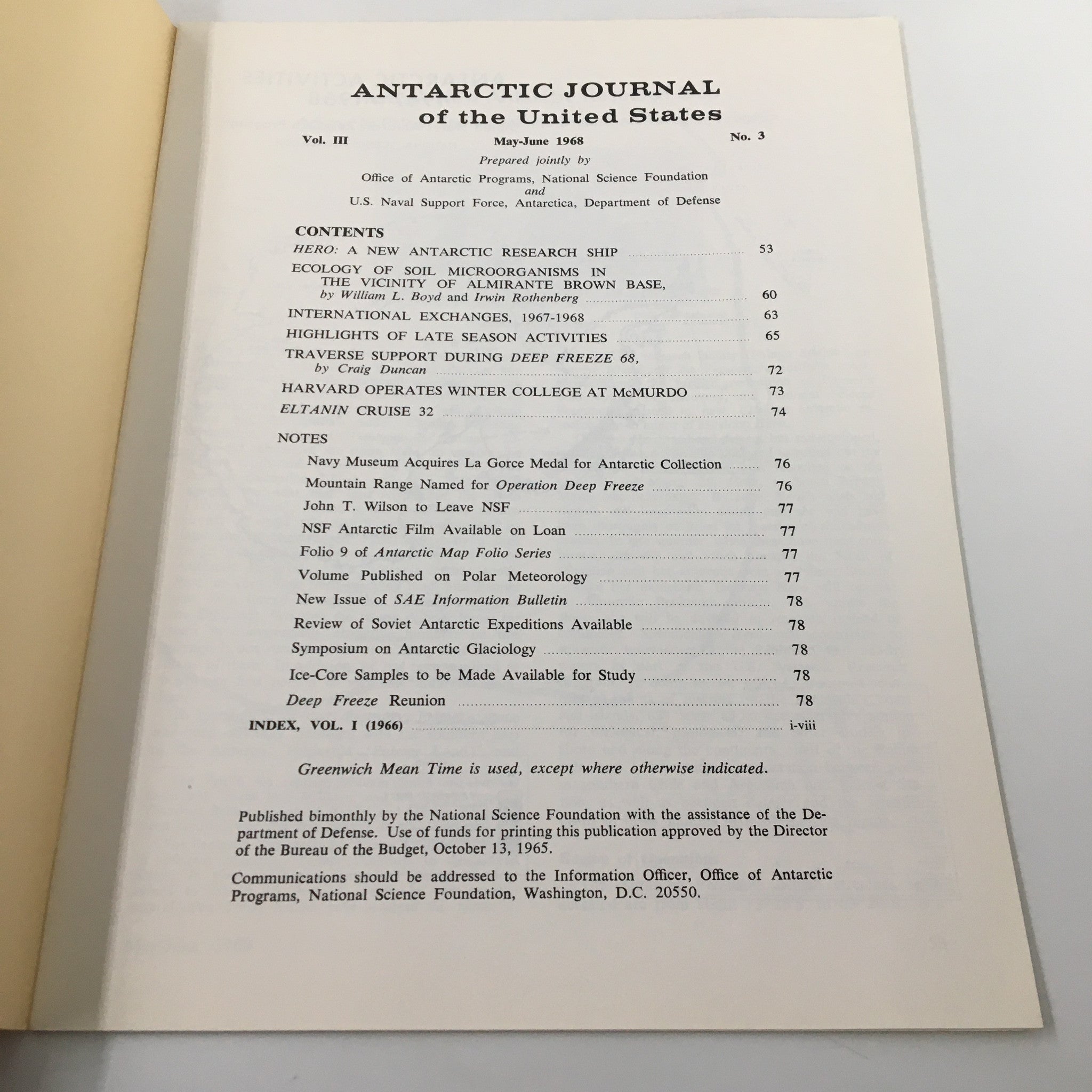 Contents page of the VTG Antarctic Journal of the United States May-June 1968, detailing articles on Antarctic research, ecology, and notable activities during that period.