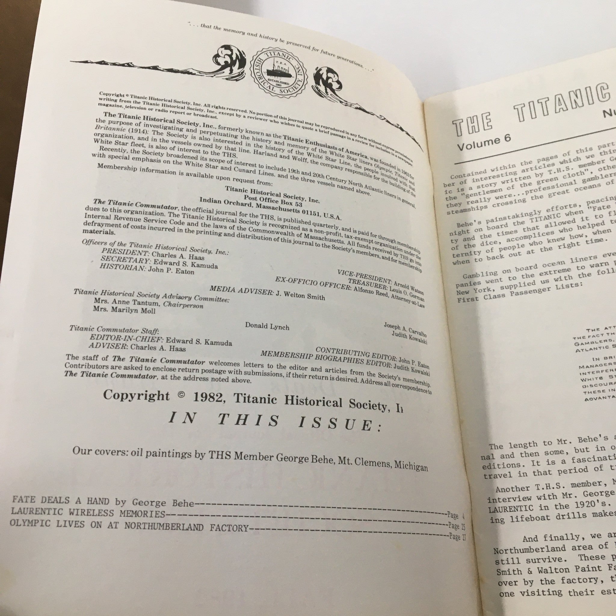 Inside page of VTG The Titanic Commutator Fall 1982 Fate Deals a Hand at Titanic, including editorial information and article details on Titanic history.