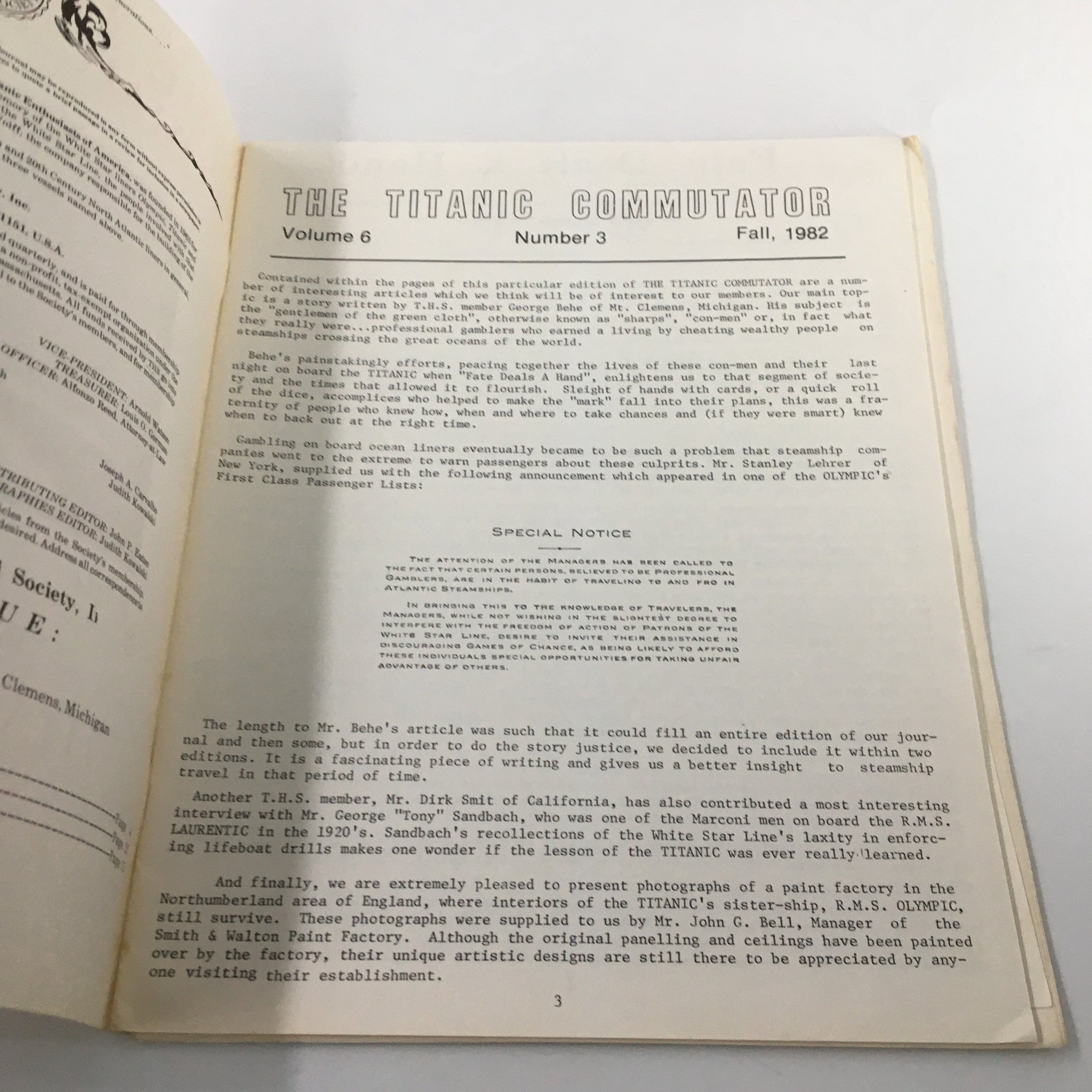 Page featuring the title and content of VTG The Titanic Commutator Fall 1982 Fate Deals a Hand at Titanic, discussing themes and contributors related to Titanic history.