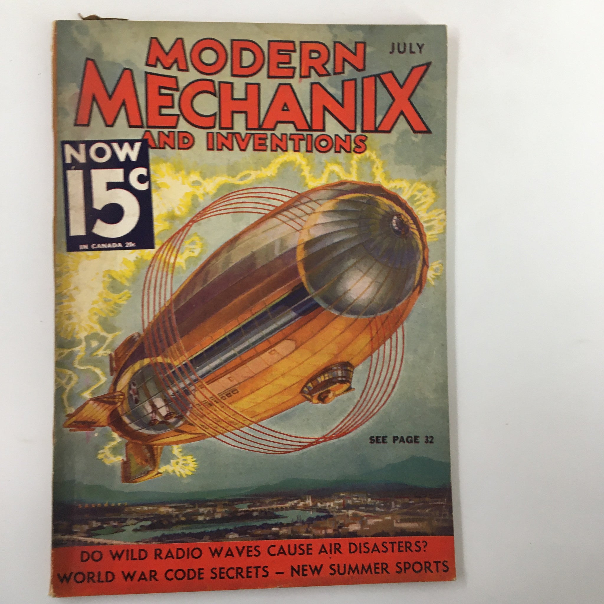 Cover image of the vintage magazine 'Modern Mechanix and Inventions' from July 1933, featuring an airship and headlines about World War Code Secrets.