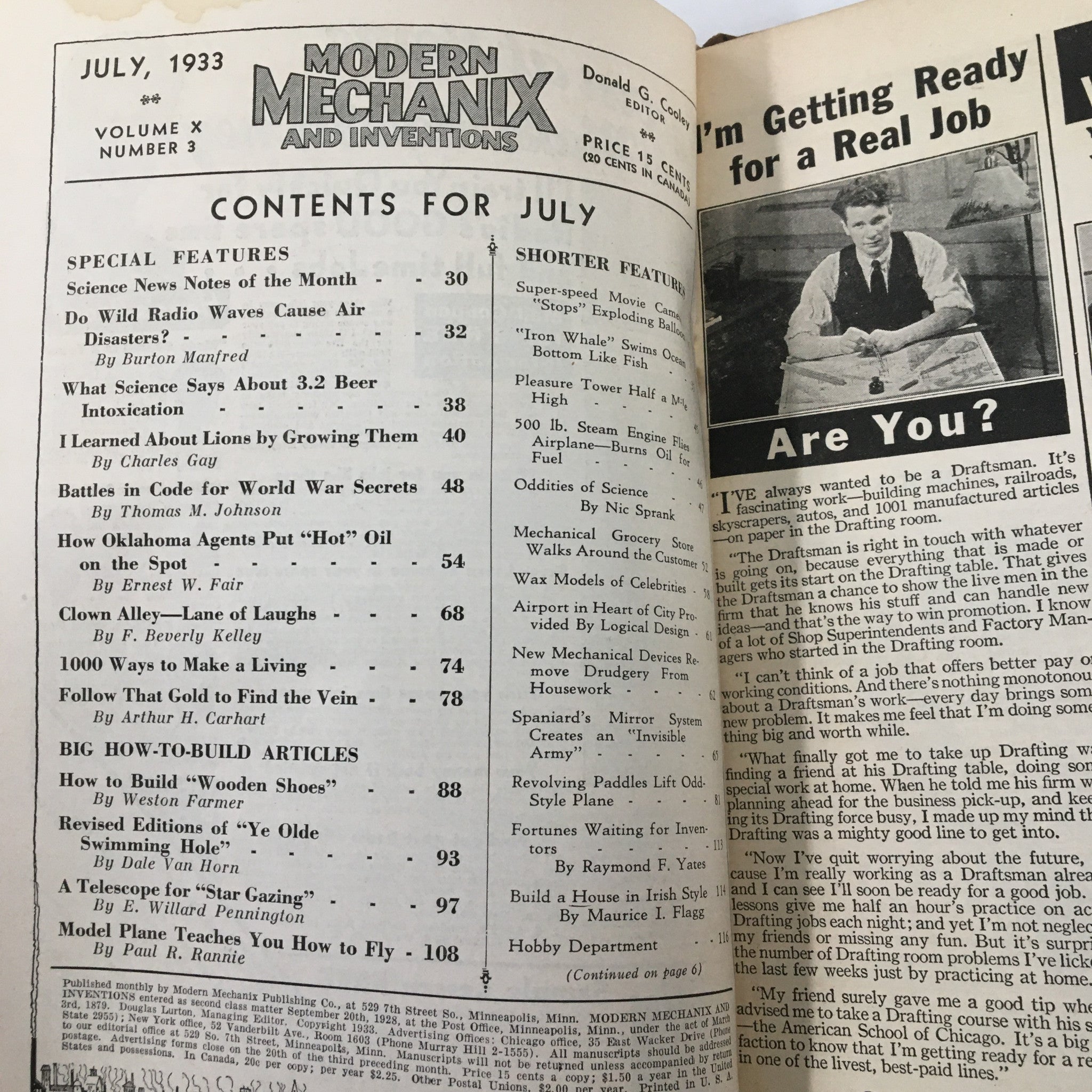 Inside contents page of the July 1933 issue of 'Modern Mechanix and Inventions', detailing articles including 'Do Wild Radio Waves Cause Air Disasters?' and 'Battles in Code for World War Secrets'.